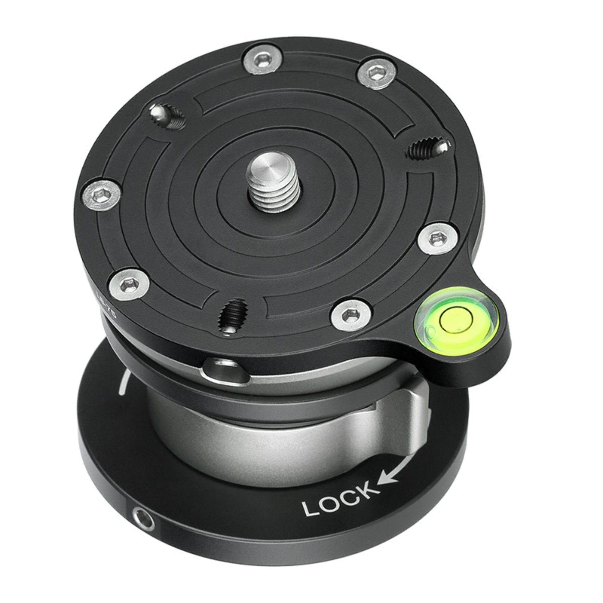 Ein schwarz-silberner Kamera-Kugelneiger mit Wasserwaage und 'LOCK'-Markierung.