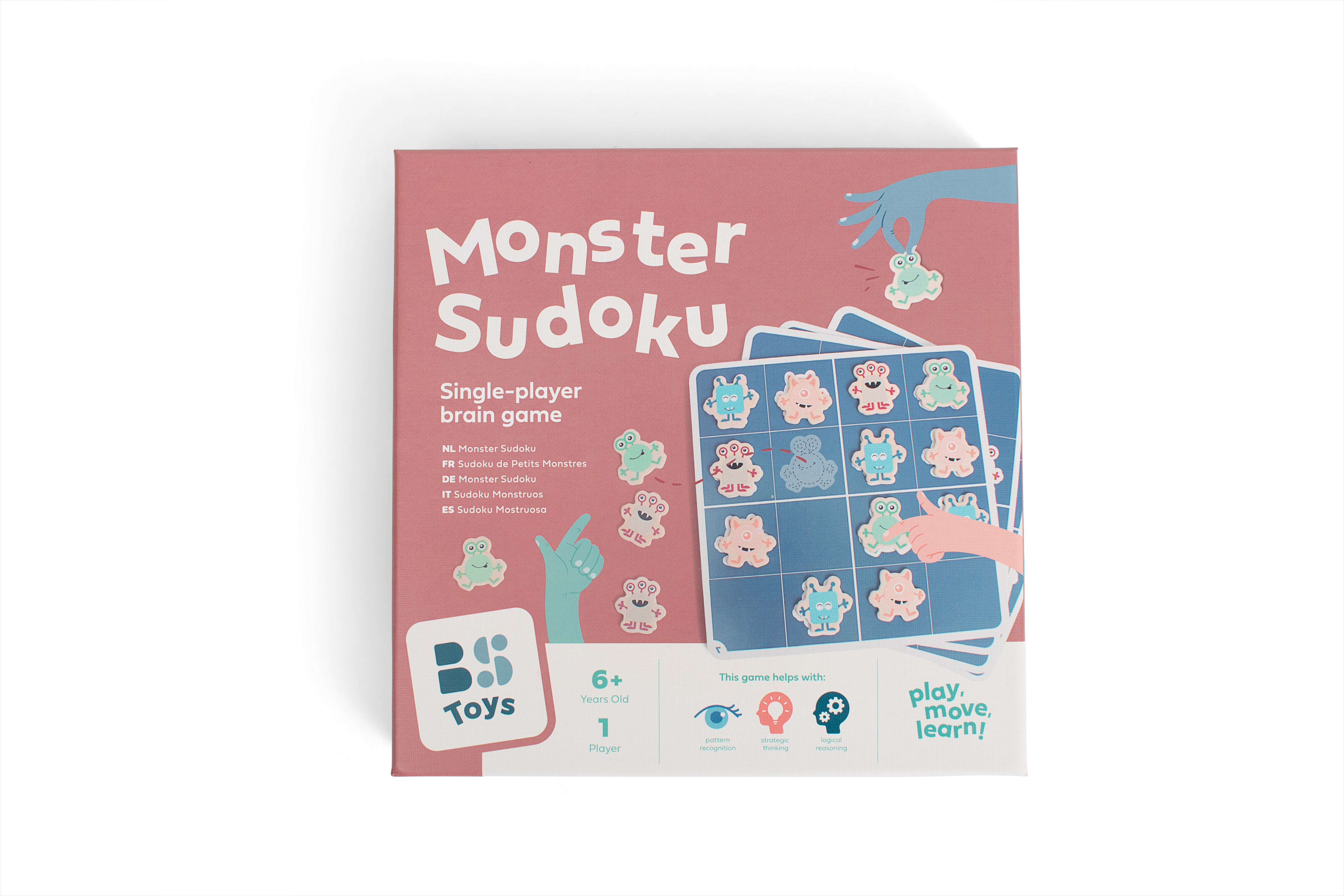 Monster Sudoku doos: solo-spel voor hersenspel, vanaf 6 jaar, met kleurrijke monsterstukjes.
