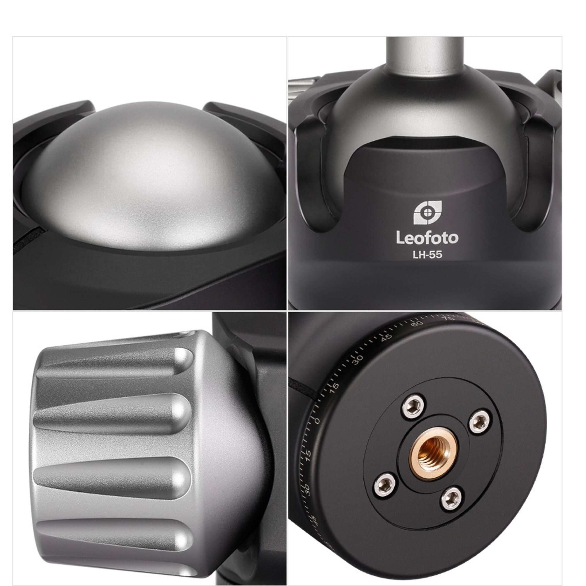 Nahaufnahmen eines schwarzen Leofoto LH-55 Stativ-Kugelkopfes, die Details des Balls, des Knopfes und der Basis zeigen.