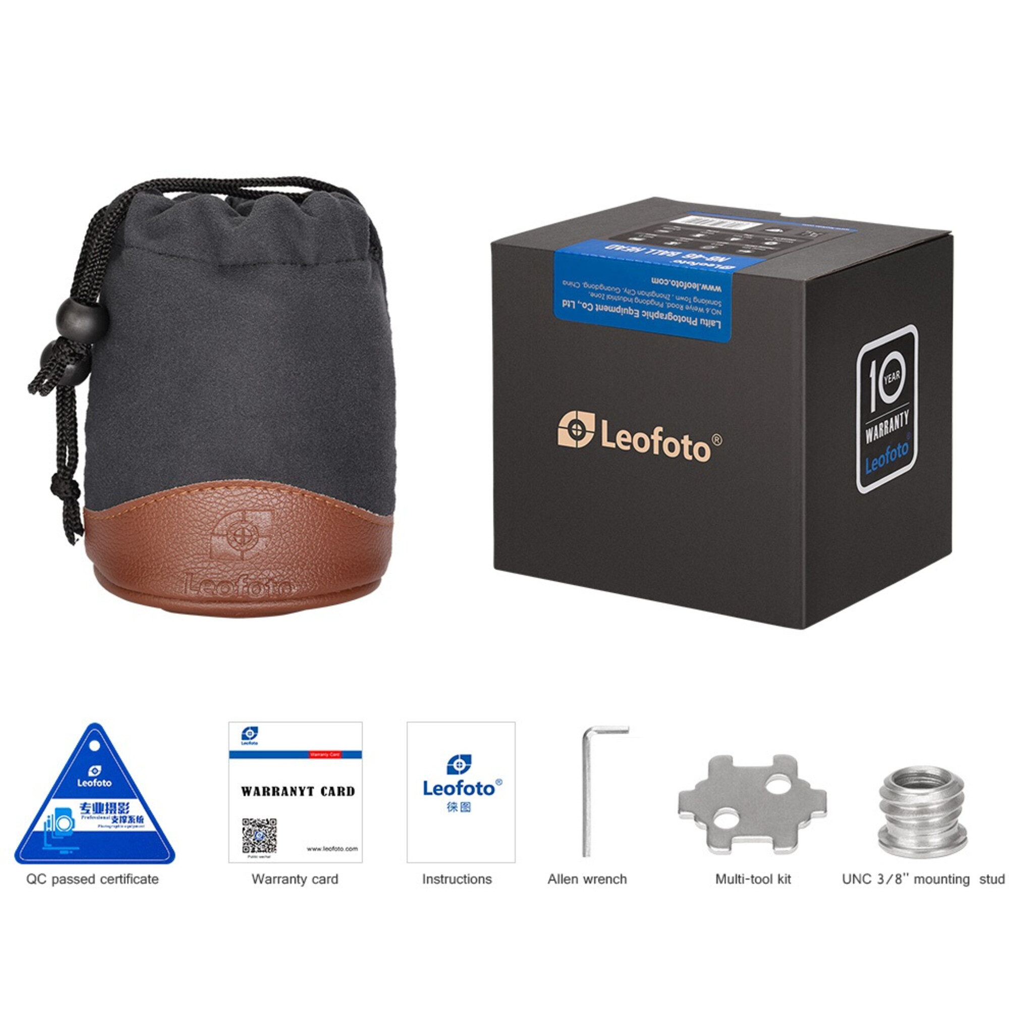 Leofoto Kamera-Zubehör: Tasche, Karton, QC-Zertifikat, Garantie, Anleitung, Schlüssel, Multitool, Bolzen.