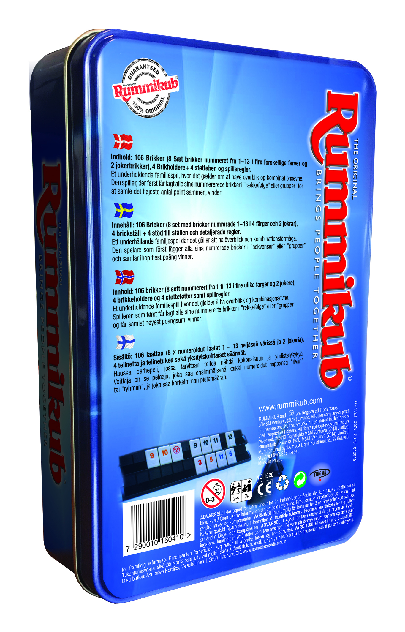 Rummikub-Spielverpackung mit Markenzeichen, Spielregeln und Barcode.