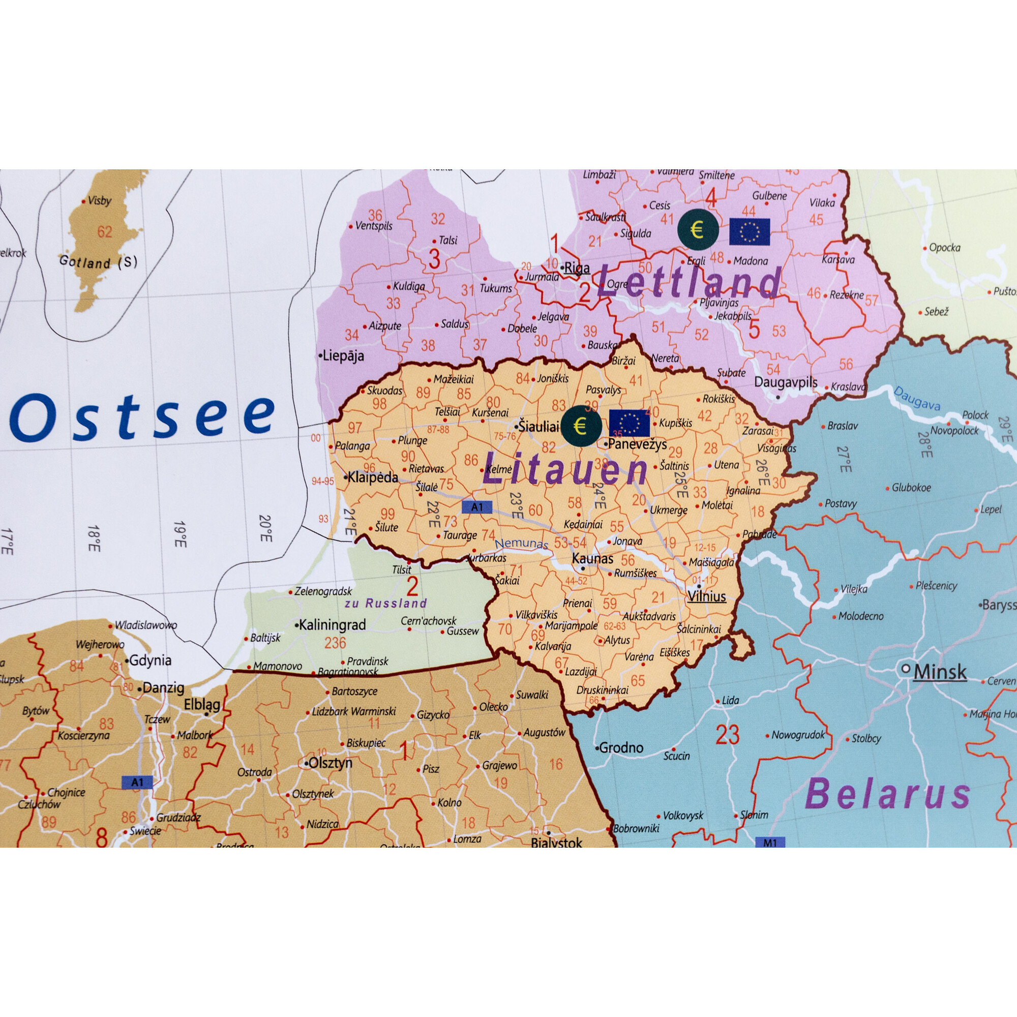 Eine Karte des Ostsees mit Ländern wie Lettland, Litauen, Polen und Belarus.