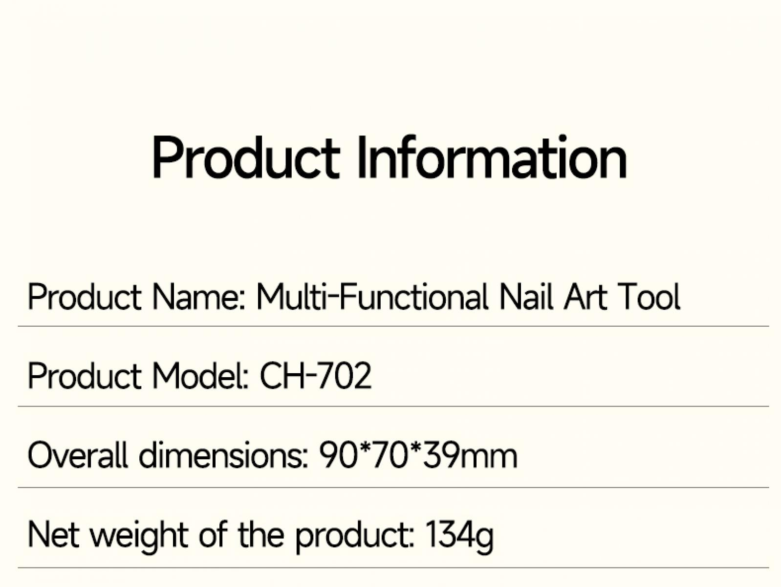 Produktinformationen: Nagelkunstwerkzeug, Modell CH-702, 90x70x39mm, 134g.