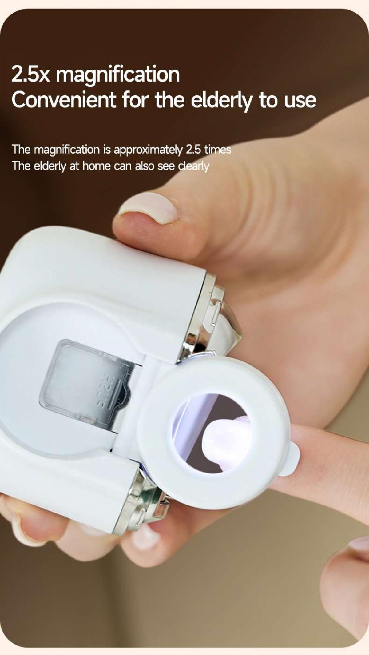 Eine weiße Handlupe mit Licht wird an einem Finger verwendet.