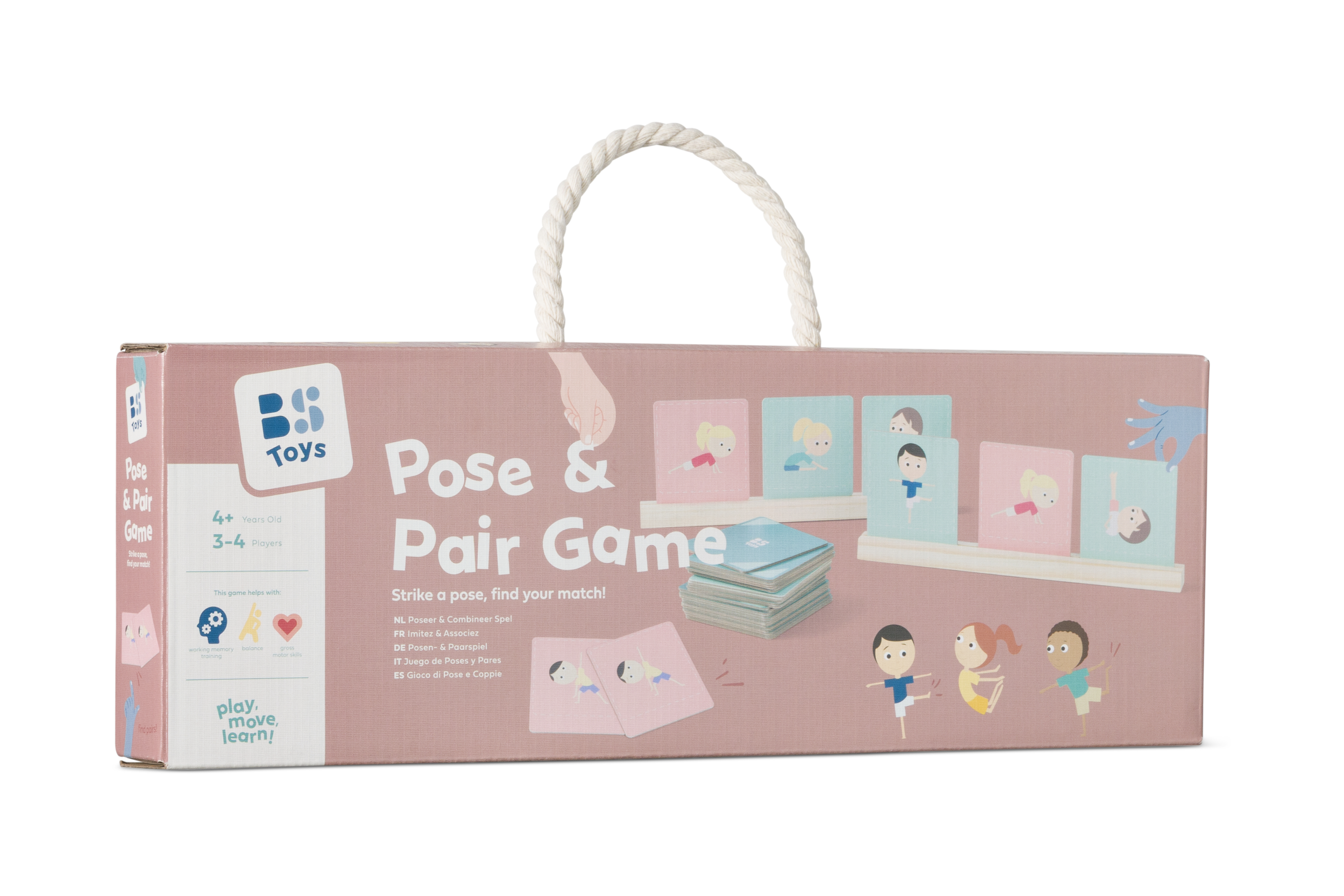 De verpakking van een kinderspel genaamd 'Pose & Pair Game' met kleurrijke kaarten.