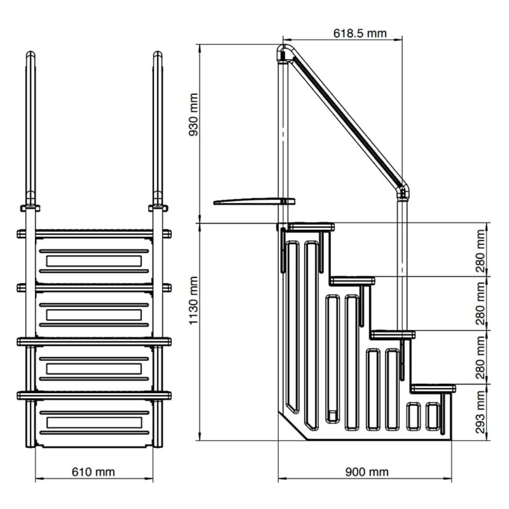 Diagramma di gradini per piscina con dimensioni. Vista frontale mostra 5 gradini, vista laterale 4.