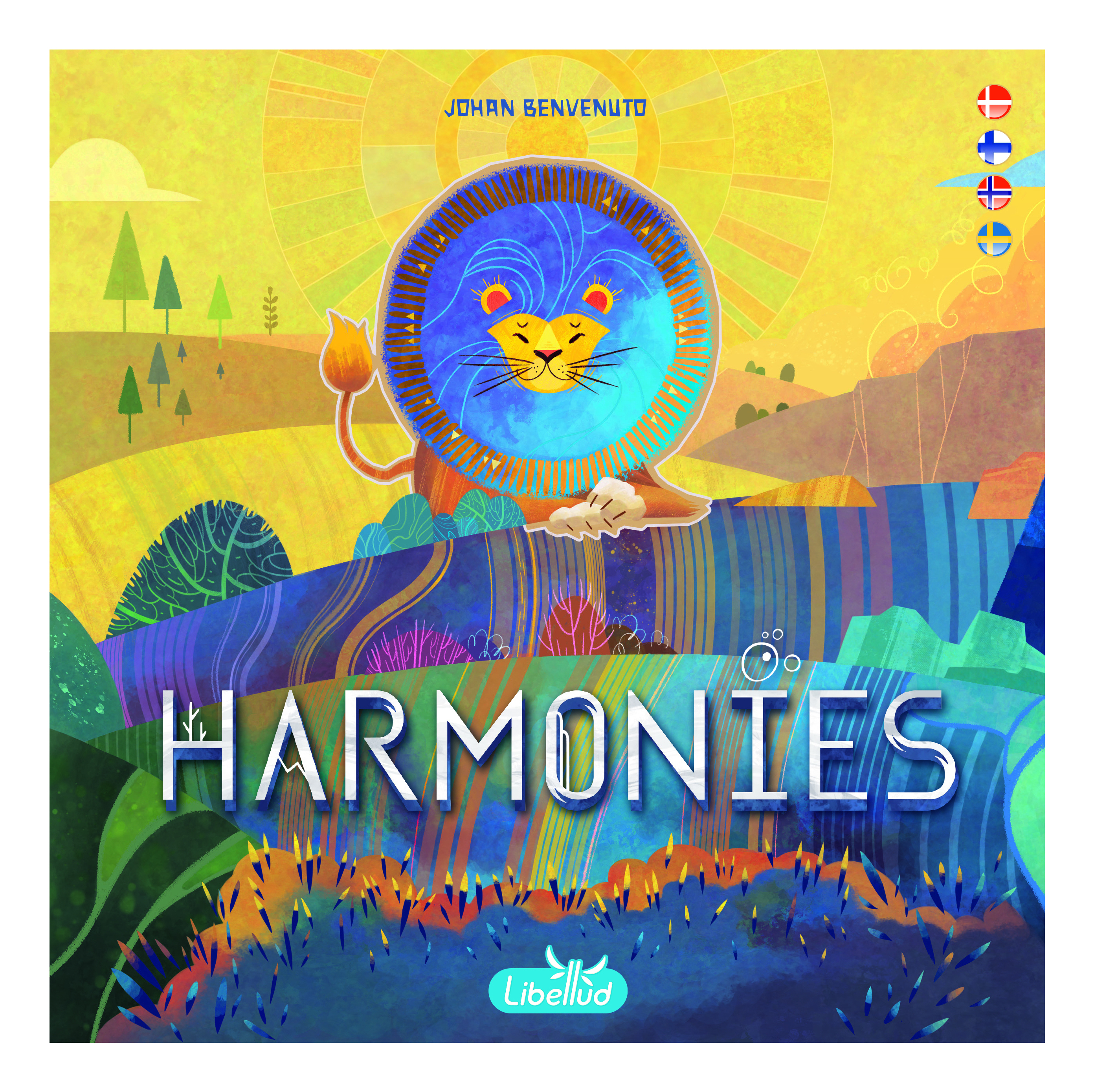 Ein blaues Löwengesicht vor einem gelben Sonnenhintergrund mit dem Text HARMONIES.
