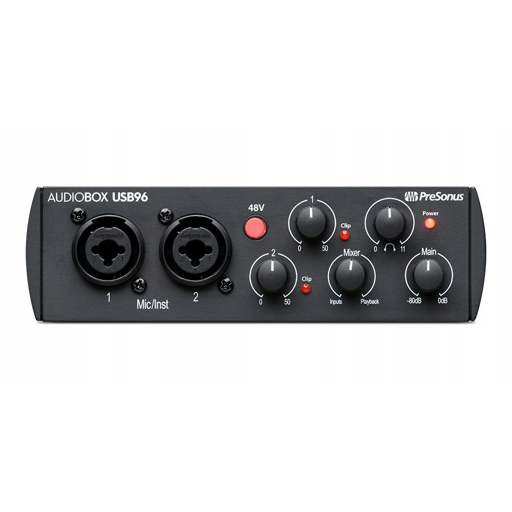 Czarny PreSonus AudioBox USB96 z dwoma wejściami XLR/TRS i wieloma pokrętłami.