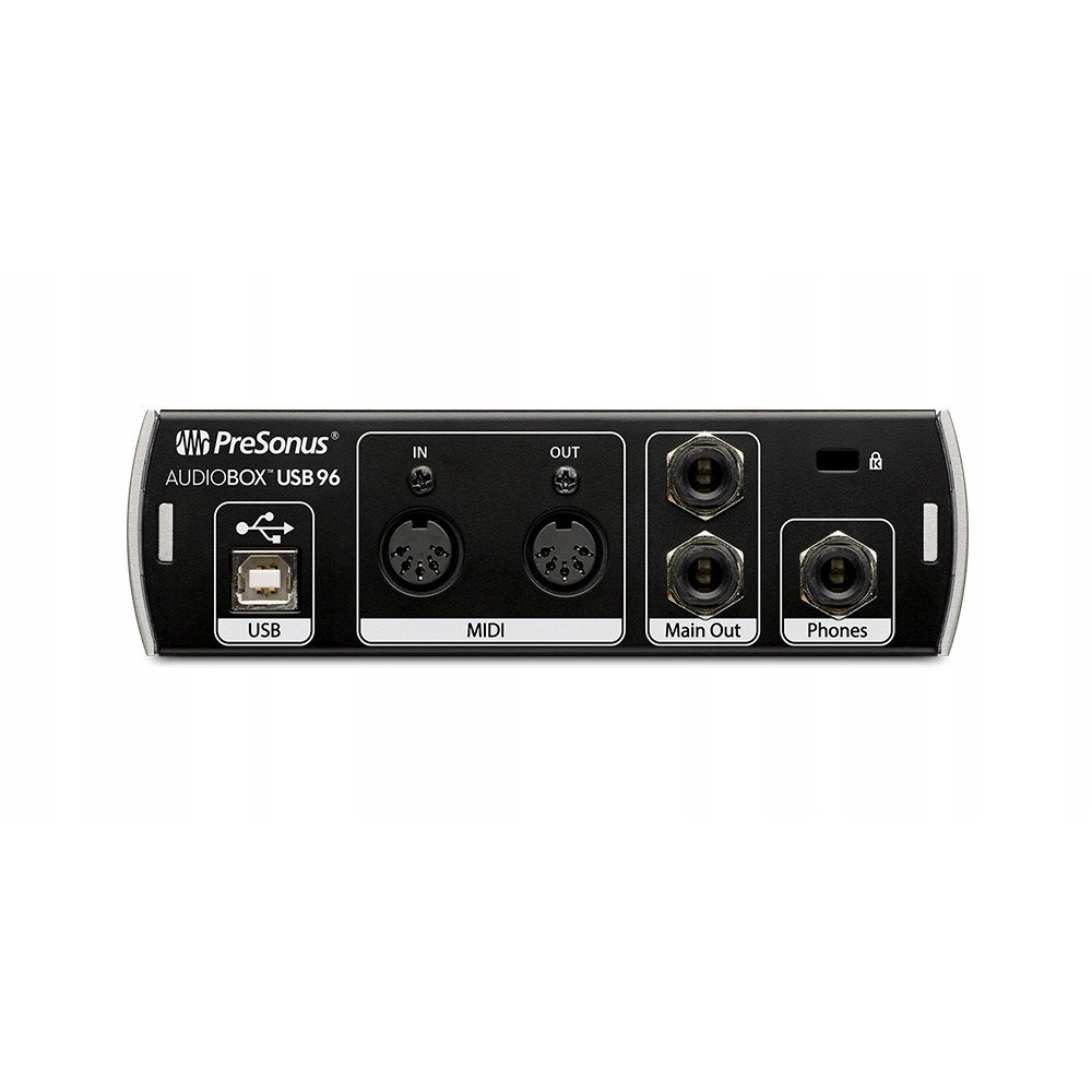 Interfejs PreSonus AudioBox USB 96 z portami USB, MIDI IN/OUT, Main Out i Phones.