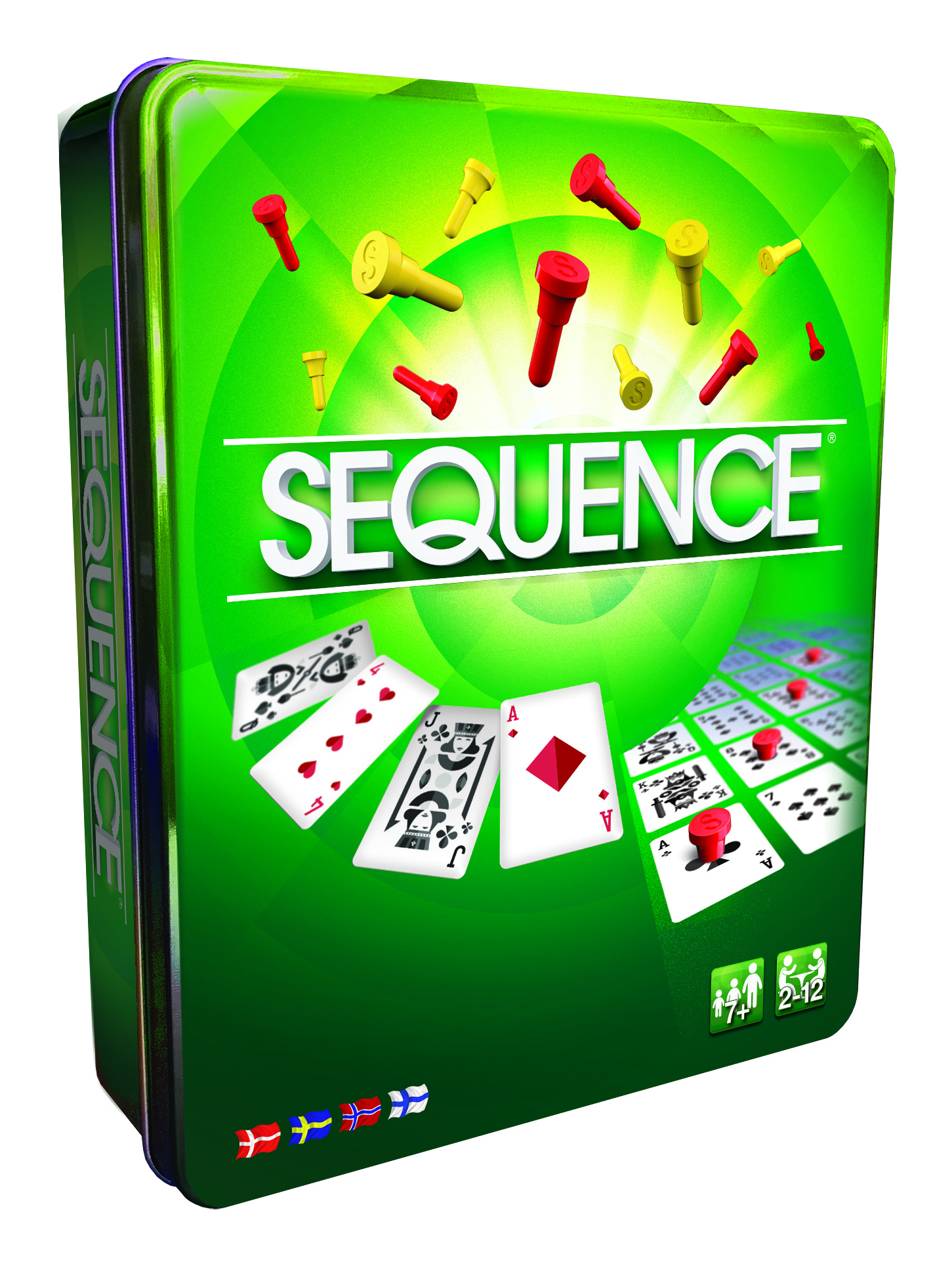 Sequence Brettspiel-Box mit roten und gelben Spielsteinen, Karten und Spielbrett.