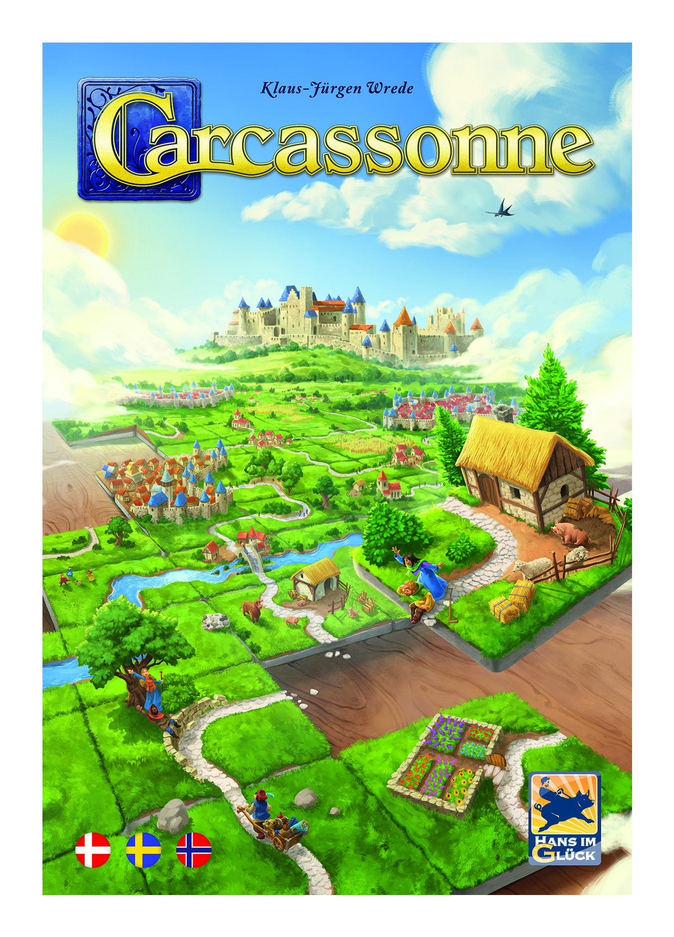Das Brettspiel Carcassonne zeigt eine mittelalterliche Landschaft mit Burgen, Feldern, Flüssen und Häusern.