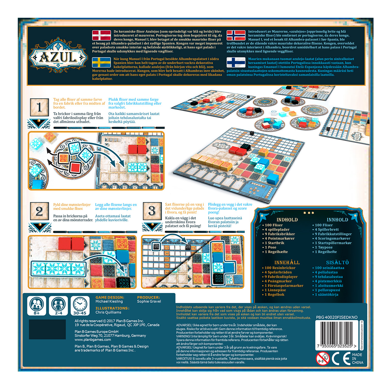 Das Brettspiel "Azul" zeigt Spielsteine, ein Spielbrett und Anleitungen.