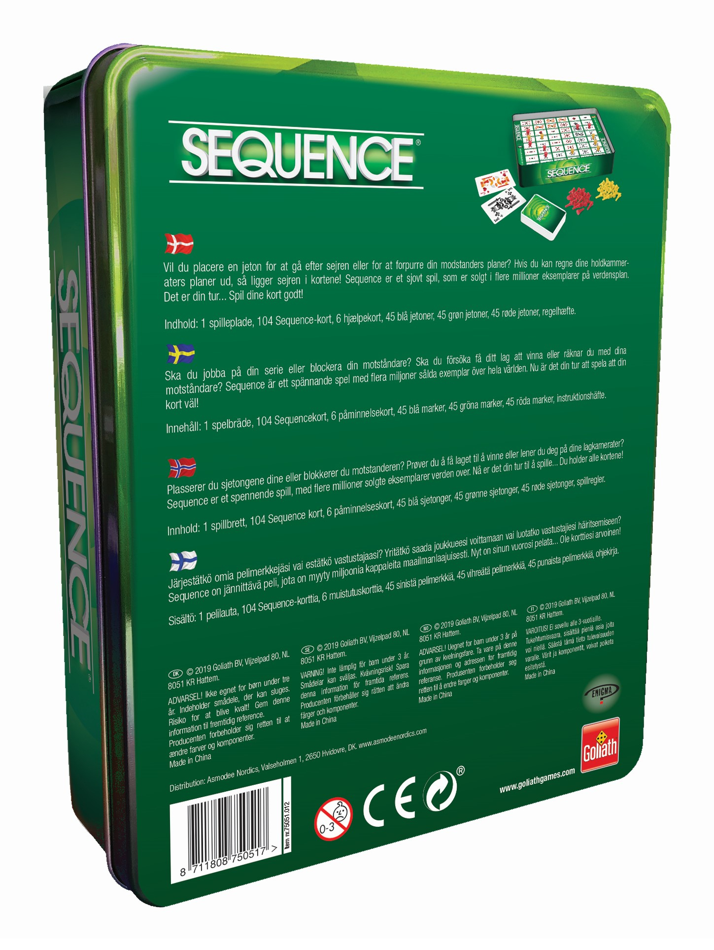 Verpackung des Spiels Sequence mit Spielbrett, Karten und Jetons. Text in mehreren Sprachen.
