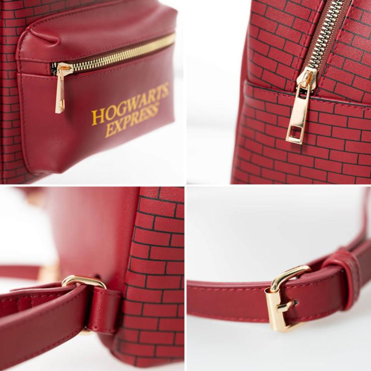 Collage di uno zaino rosso con motivo a mattoni e zip dorate. Testo 'Hogwarts Express'.