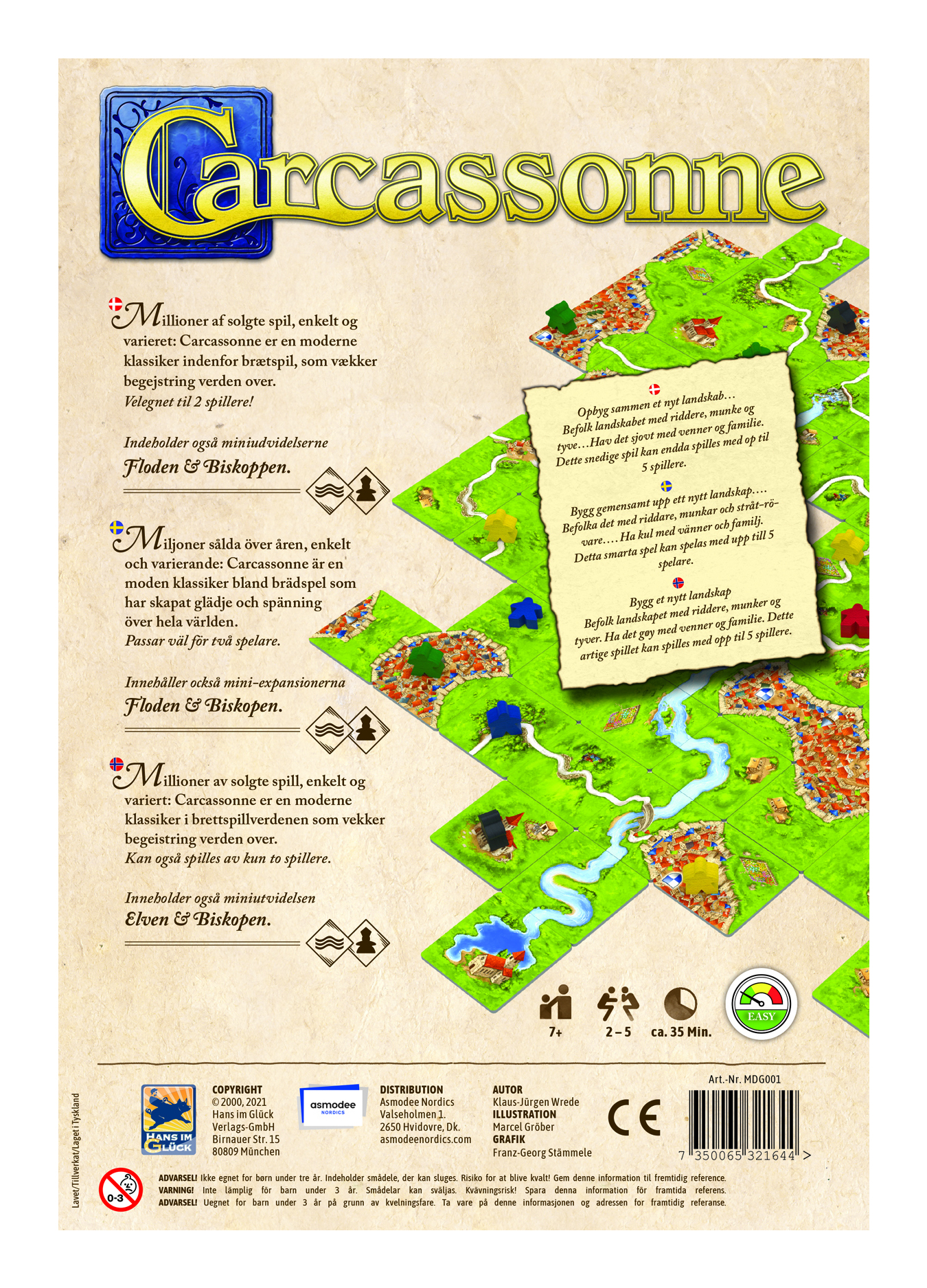 Brettspiel-Cover mit Titel "Carcassonne" und Spielbrett-Ausschnitt.