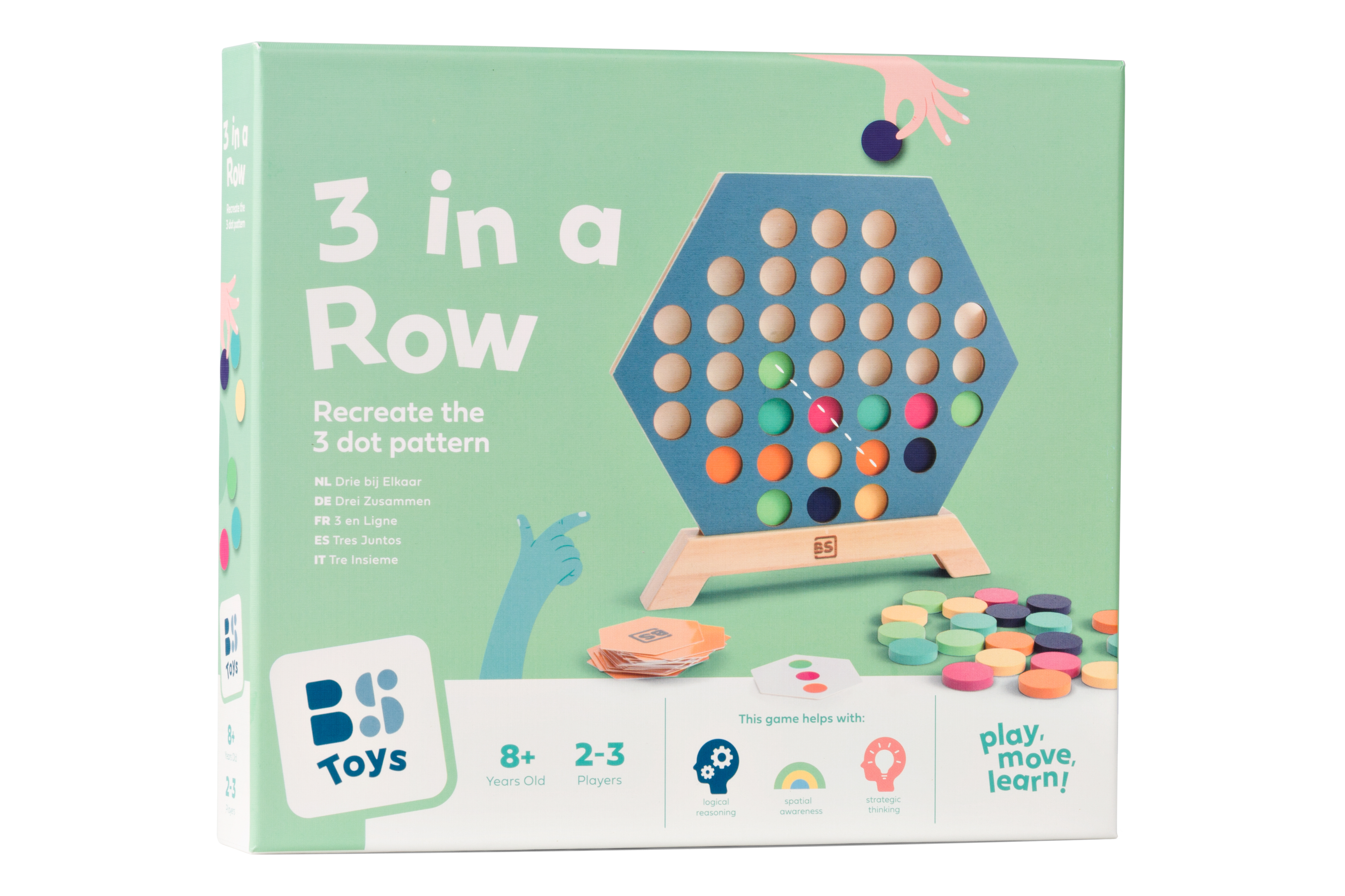 Doos van het spel "3 op een rij" met gekleurde stukken.
