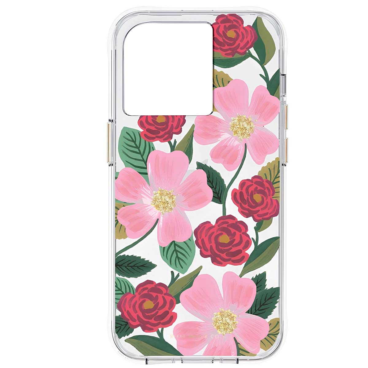 Una custodia trasparente per telefono con un motivo floreale di fiori rosa e rossi e foglie verdi.