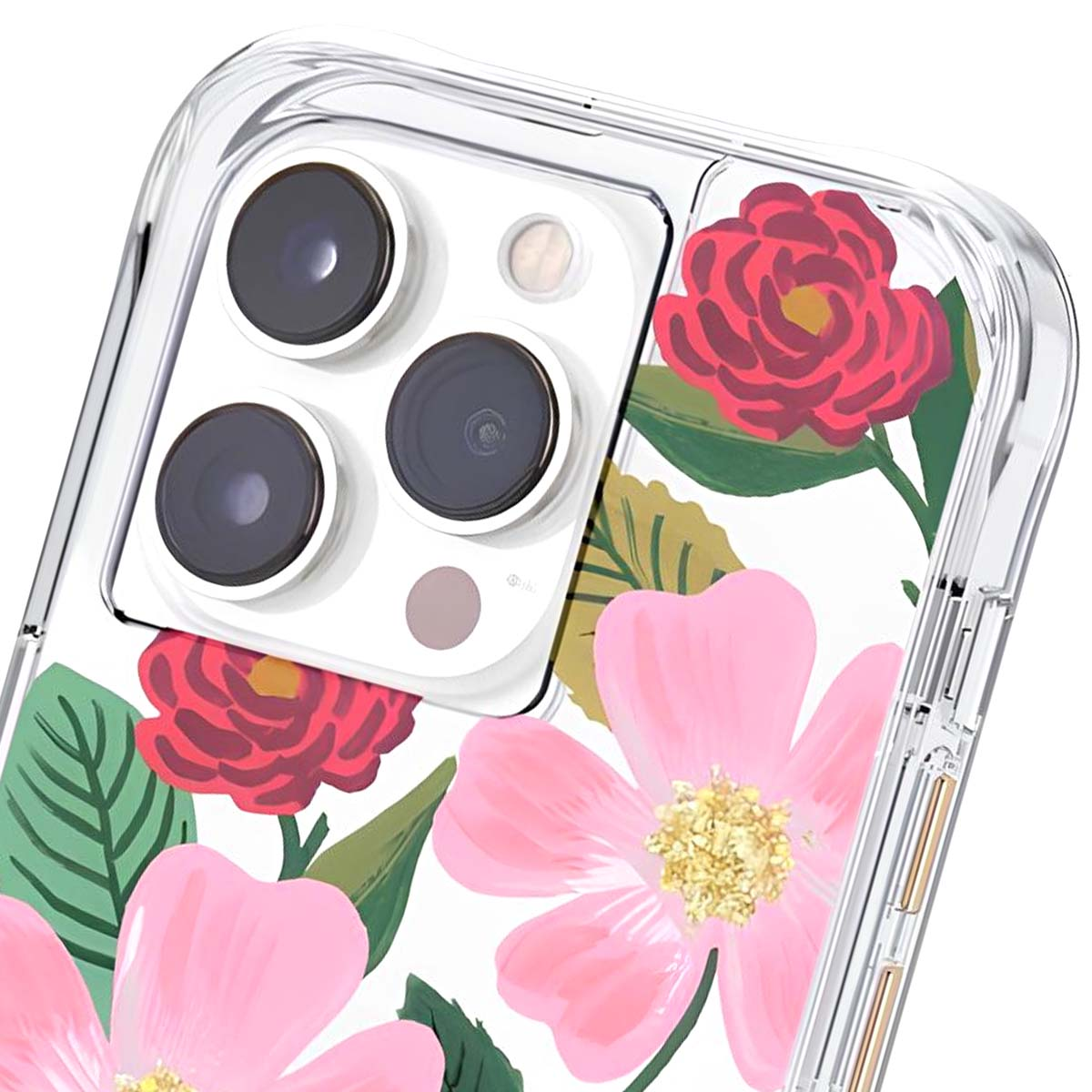 Custodia iPhone con motivo floreale: fiori rosa e rossi su sfondo trasparente.