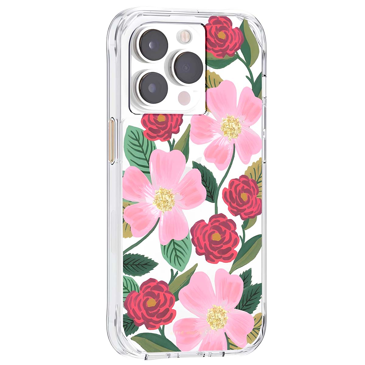Custodia trasparente per telefono con motivo floreale di rose rosa e rosse con foglie verdi.
