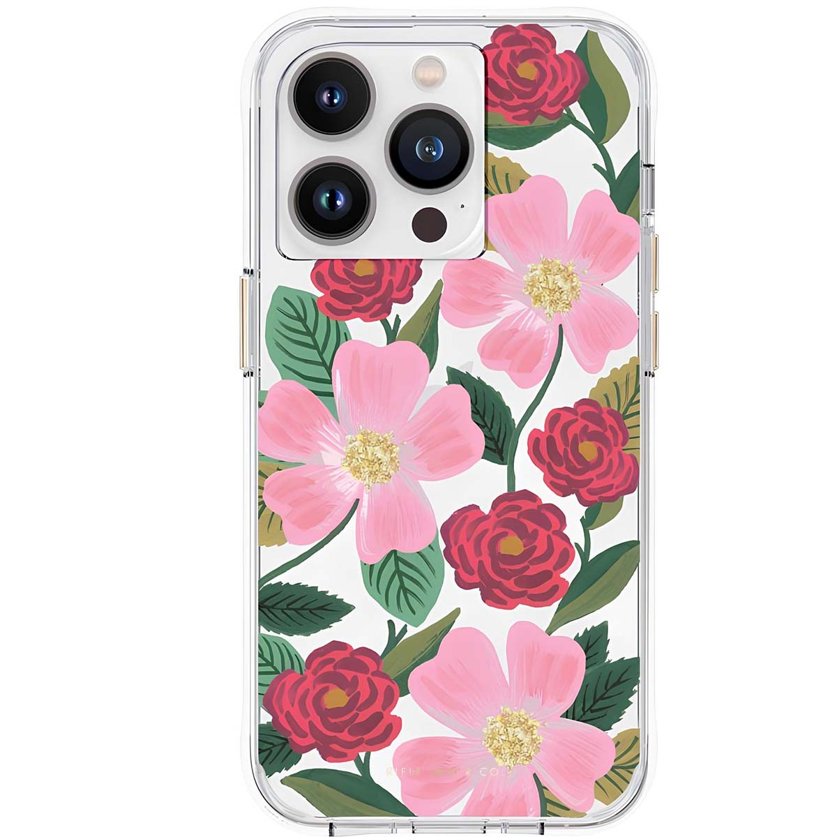 Custodia trasparente per telefono con fiori rosa e rossi, foglie verdi e accenti glitter oro.