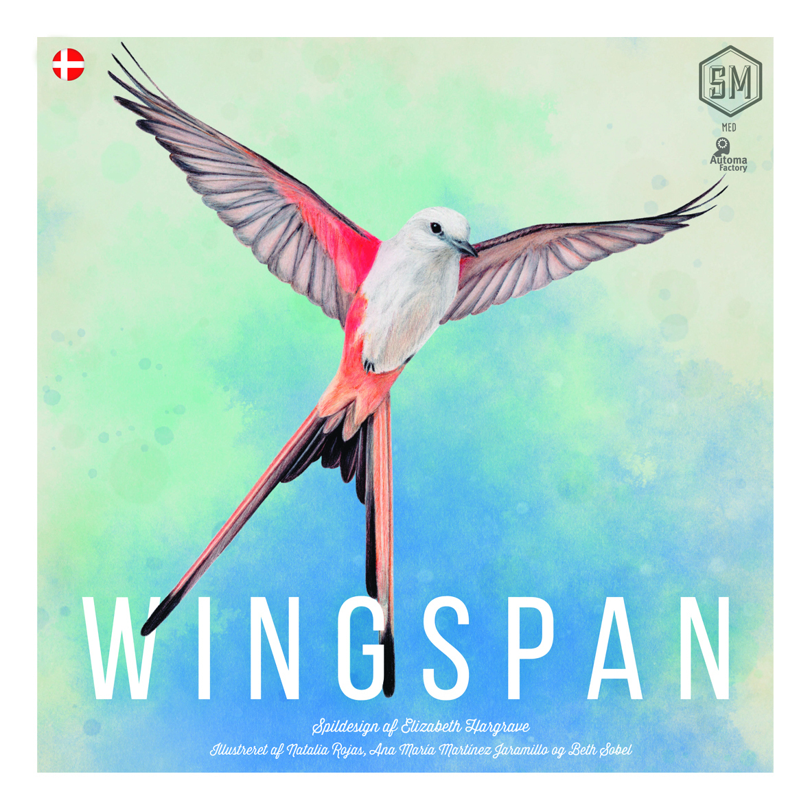 Ein weißer Vogel mit rosa Flügeln und langen Schwanzfedern fliegt vor einem blau-grünen Aquarellhintergrund.