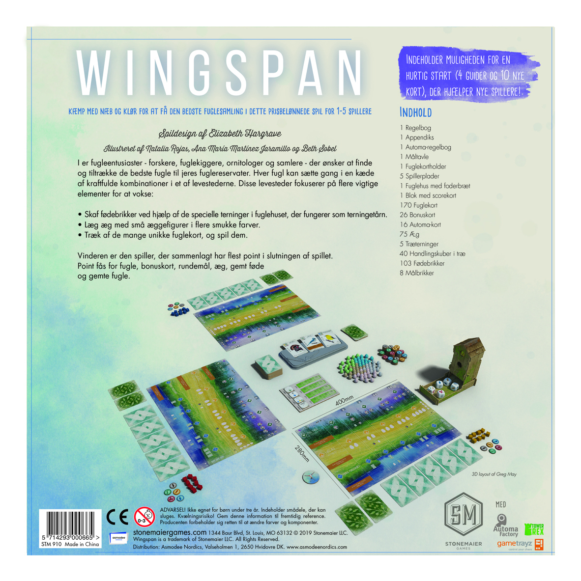 Wingspan Brettspielkomponenten, einschließlich Karten, Würfel und Spielertabletts.