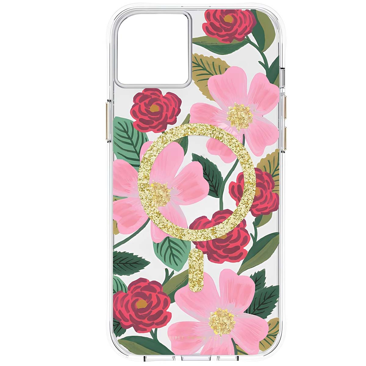 Custodia trasparente per telefono con stampa floreale rosa e rossa e anello glitter oro.