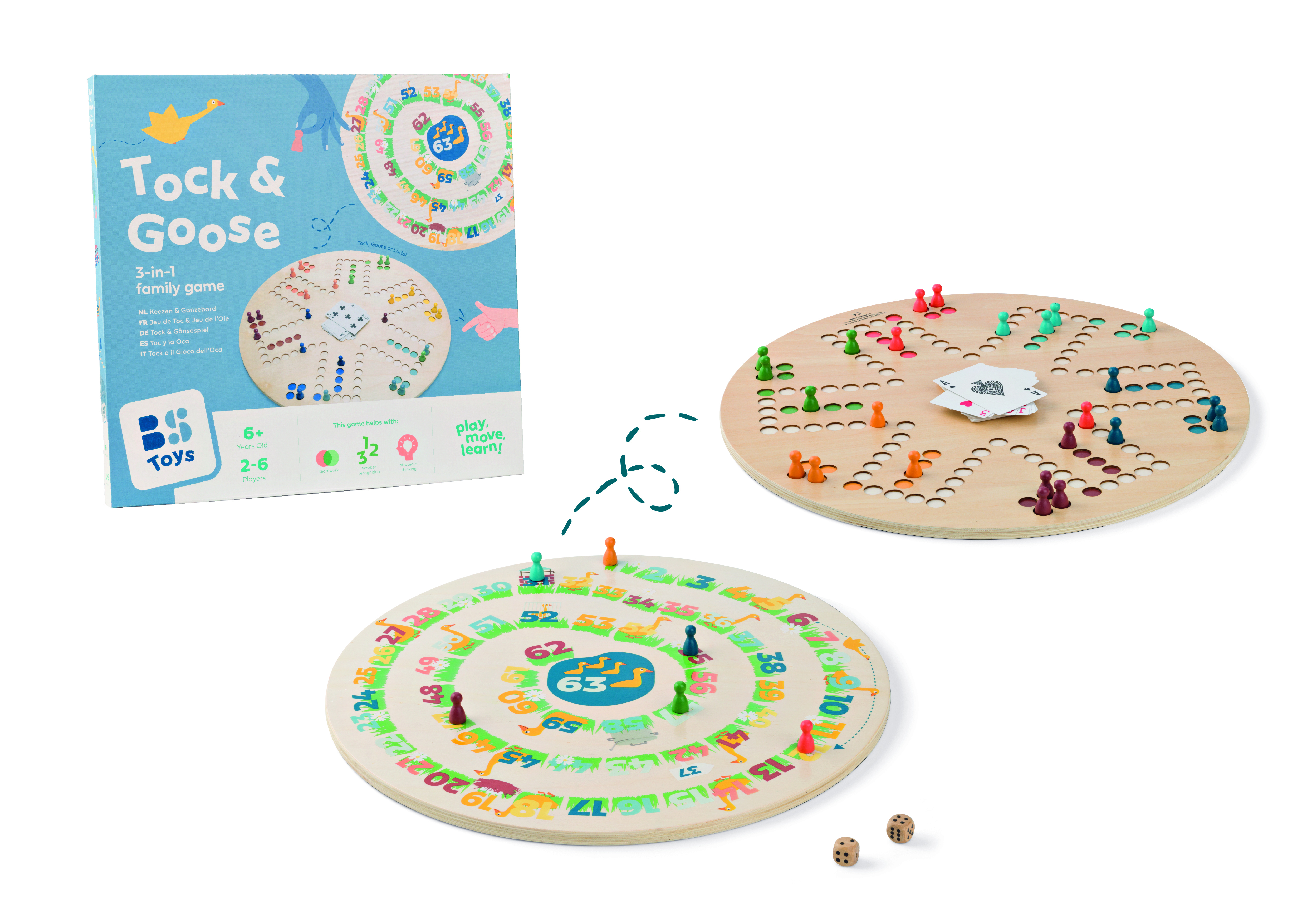 Una scatola del gioco Tock & Goose e due tabelloni circolari in legno con pedine colorate.
