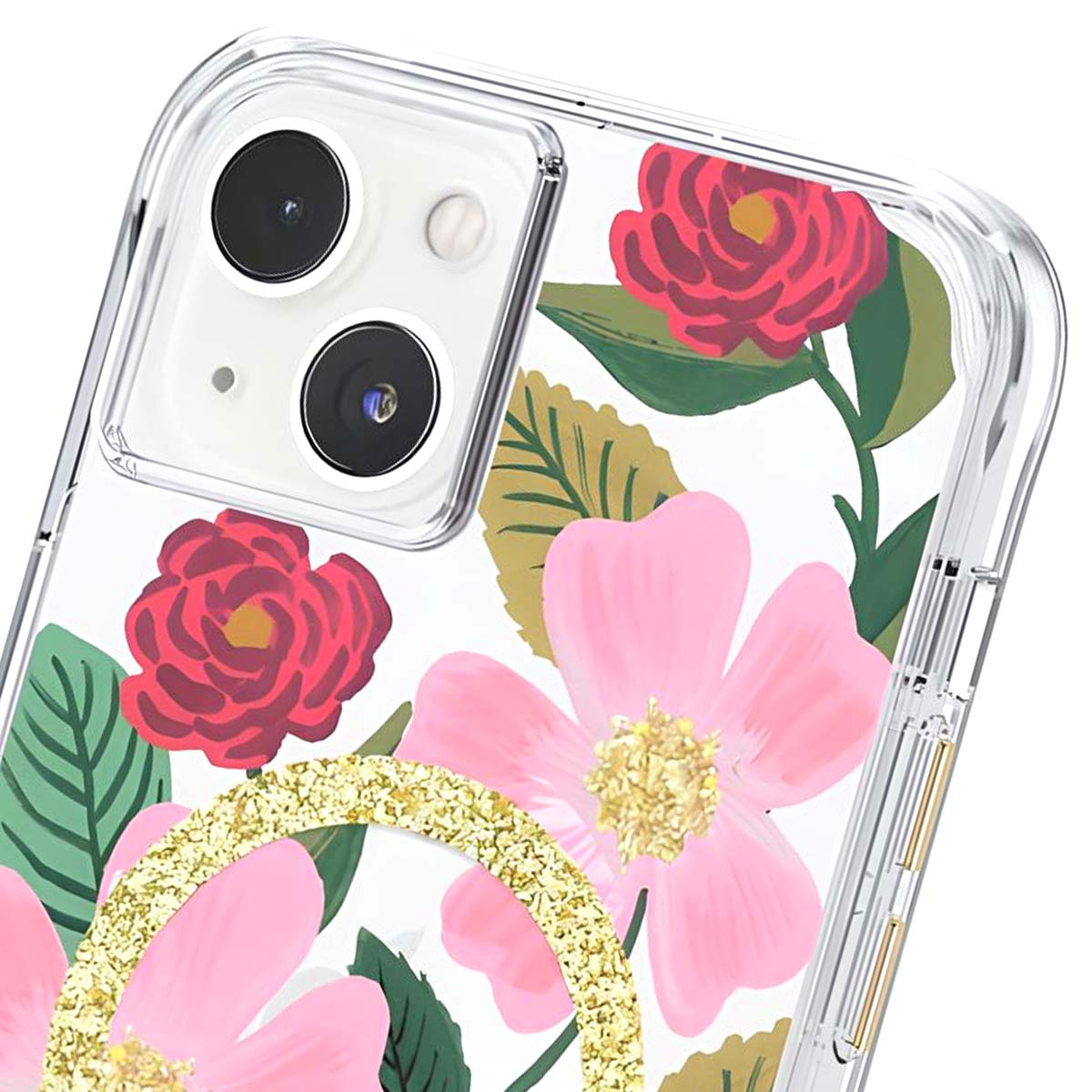 Custodia trasparente per telefono con fiori rosa, rose rosse, foglie verdi e anello glitter oro.