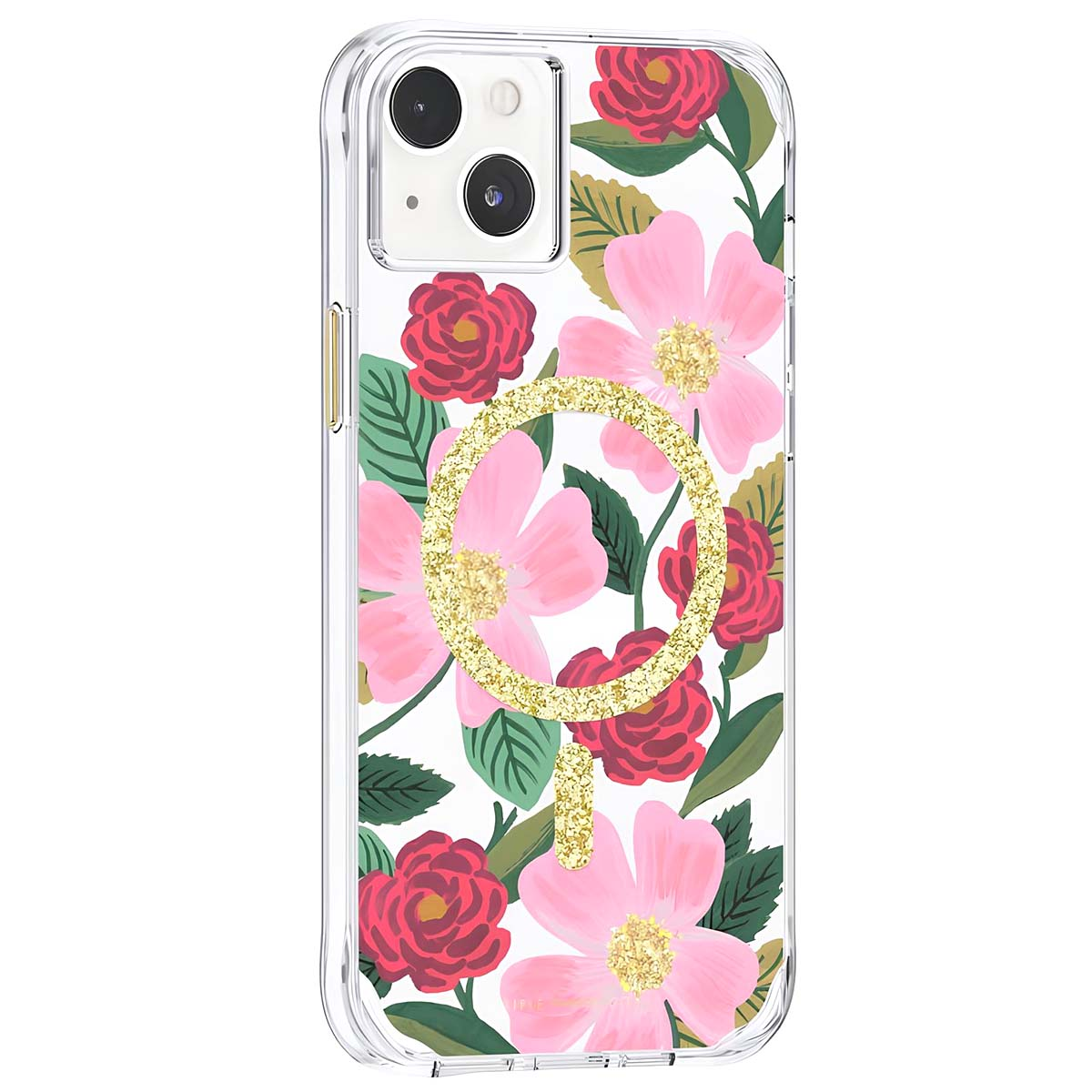 Custodia trasparente per telefono con fiori rosa e rossi, foglie verdi e cerchio glitter oro.