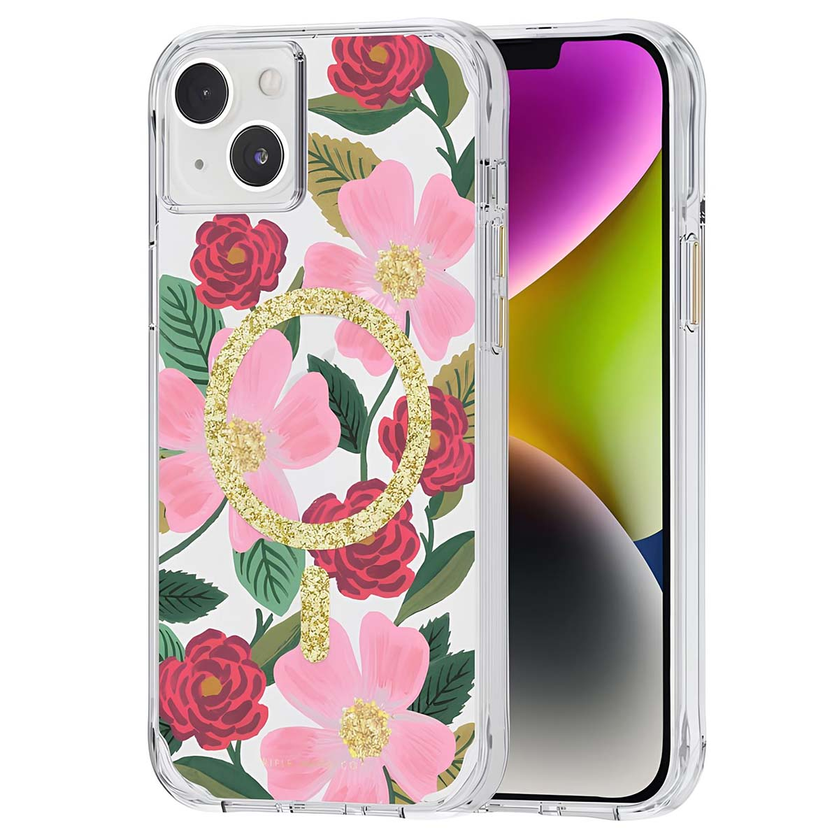 Custodia trasparente per telefono con fiori rosa e rossi, foglie verdi e un anello glitter oro.
