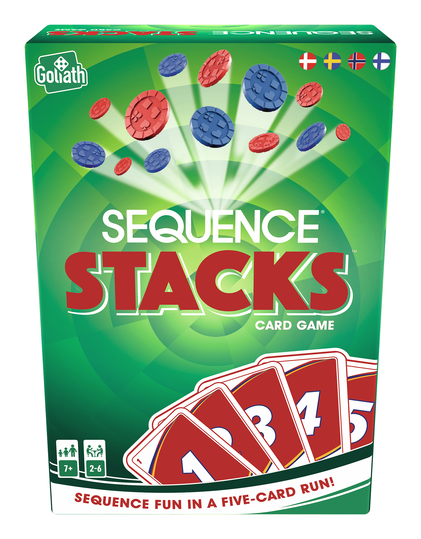 Scatola del gioco Sequence Stacks con gettoni rossi e blu e carte da gioco.