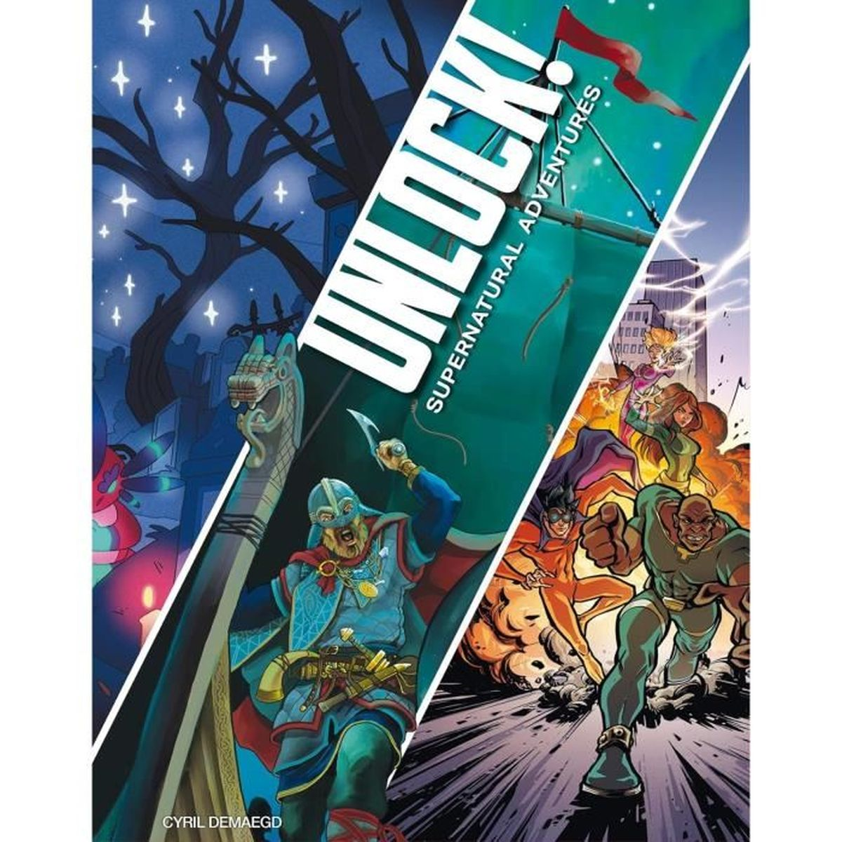 Comic-Kunst: Wikingerkrieger, Schiff und Superhelden in Aktion unter Sternenhimmel.