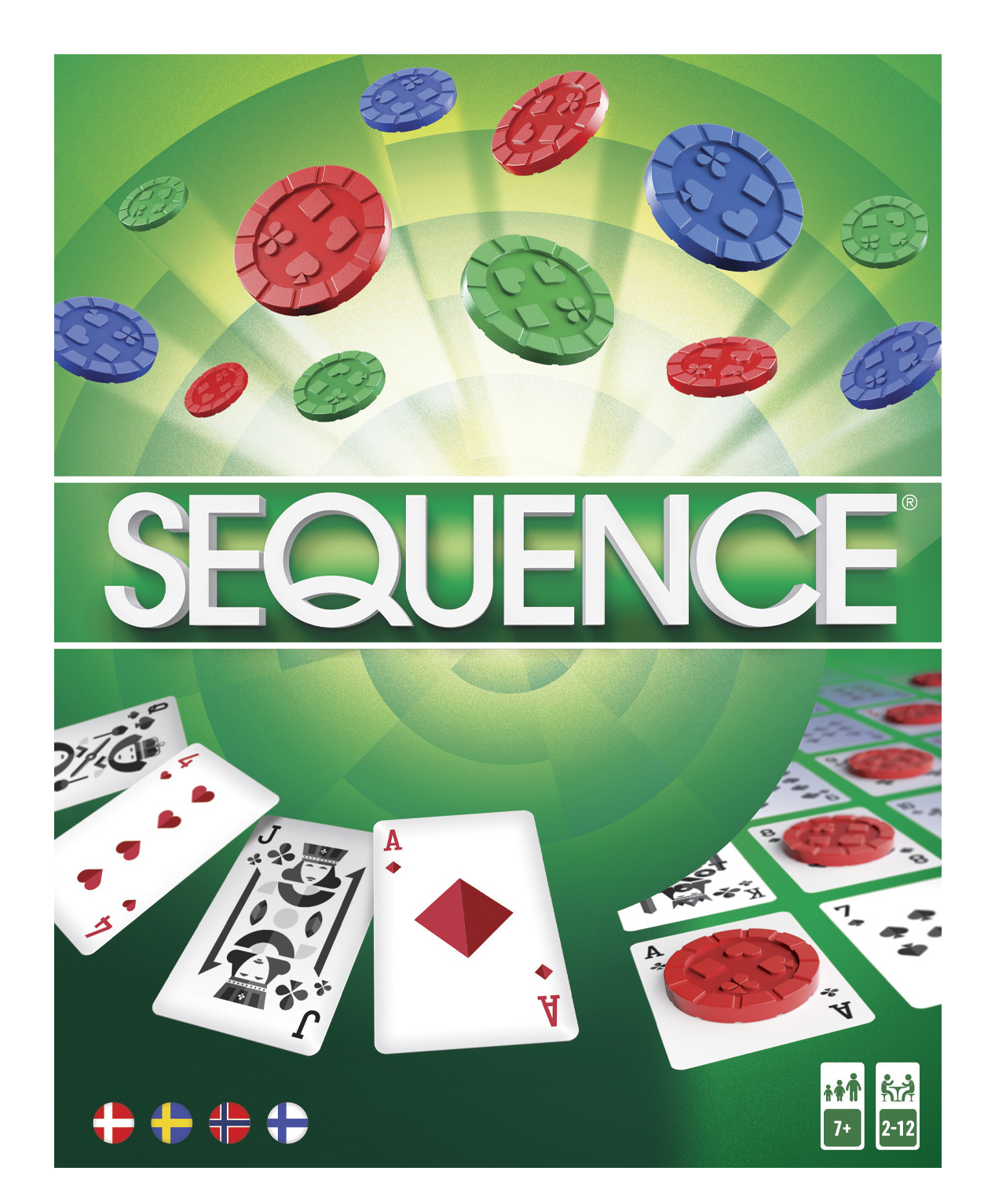 Copertina del gioco da tavolo Sequence con carte, gettoni e bandiere.