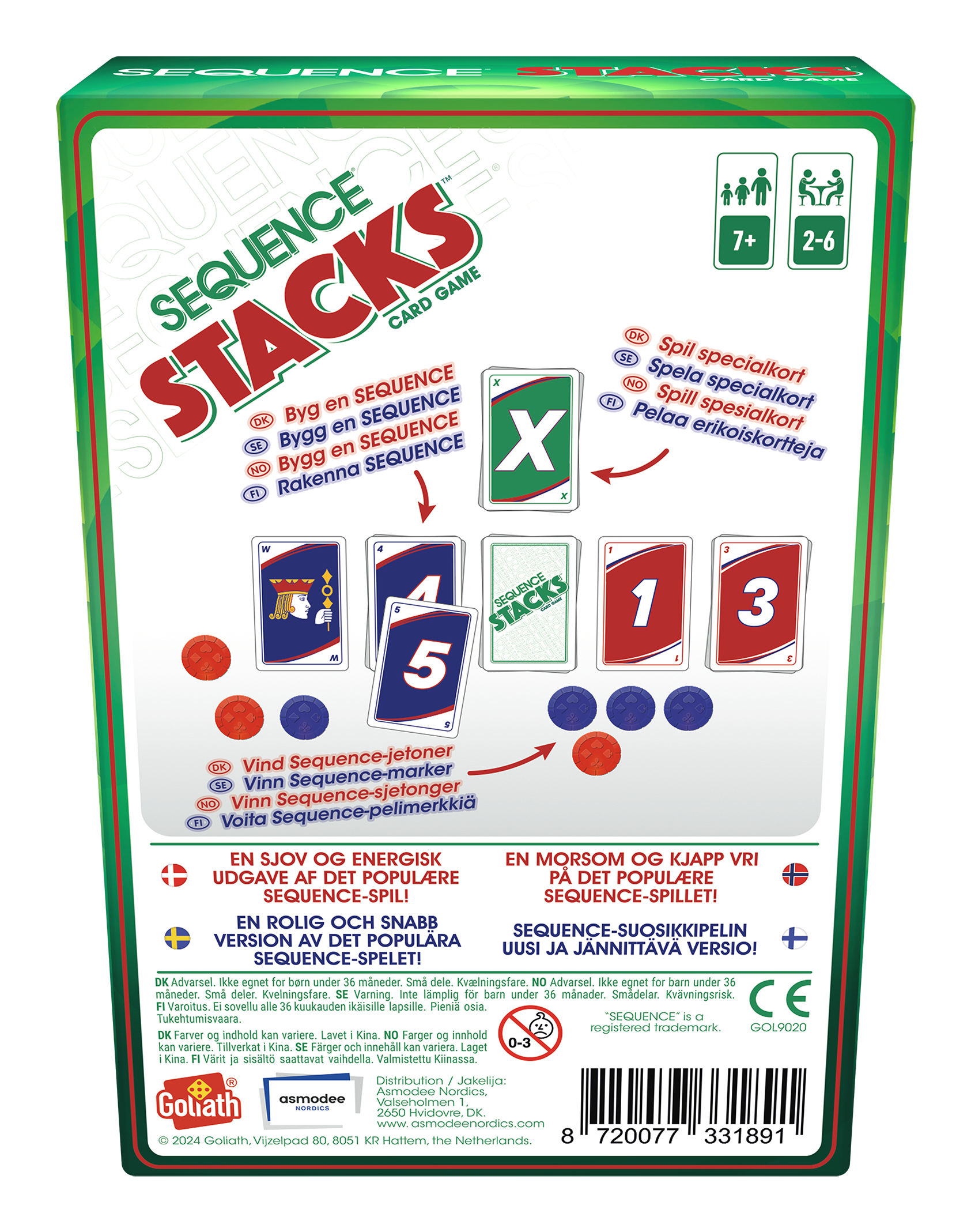 Scatola del gioco Sequence Stacks, con carte e gettoni.