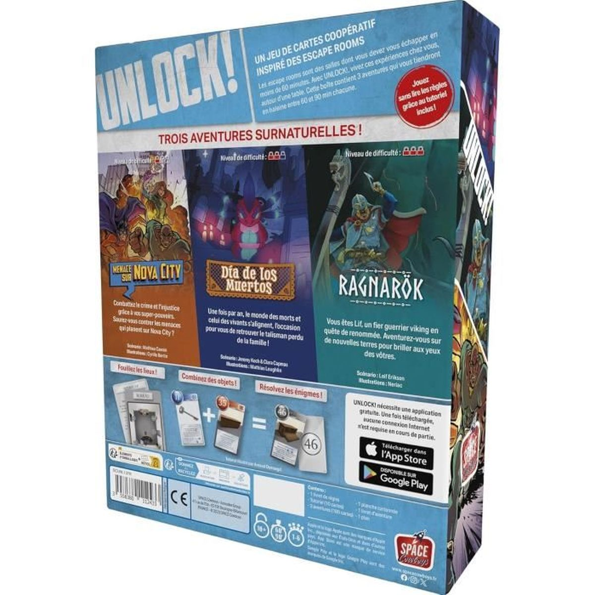 Die Rückseite einer UNLOCK!-Spielbox mit drei Abenteuern: Nova City, Día de los Muertos und Ragnarök.