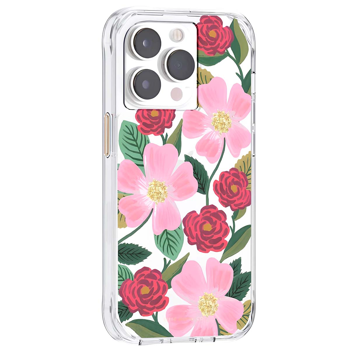 Custodia trasparente per telefono con fiori rosa e rossi e foglie verdi.