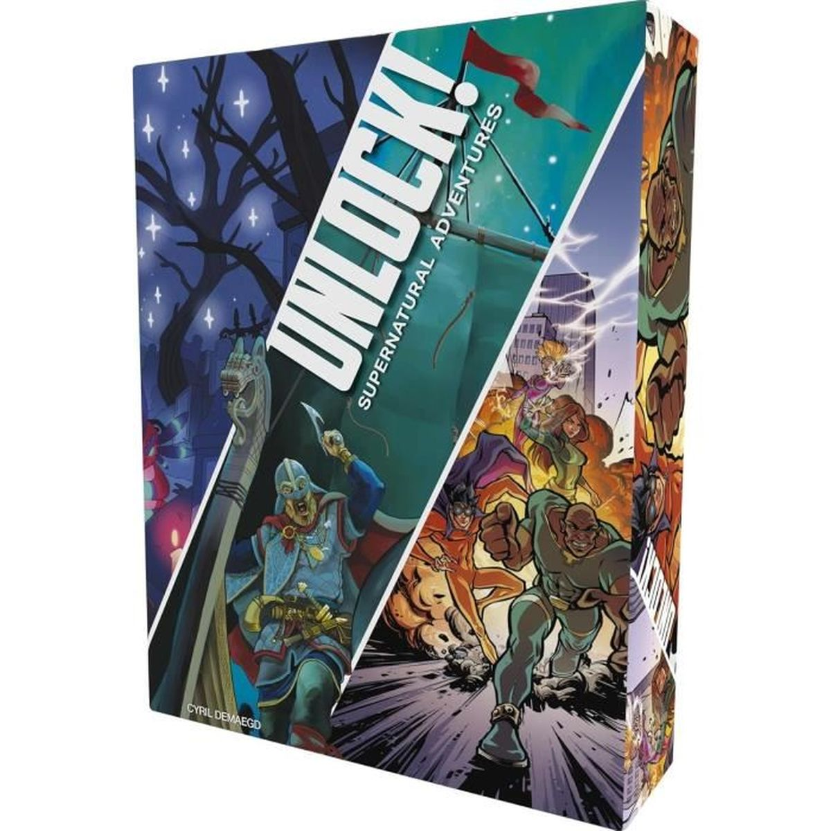 Unlock! Supernatural Adventures Brettspiel-Box-Cover. Zeigt Comic-Charaktere und eine dunkle Sternennachtszene.