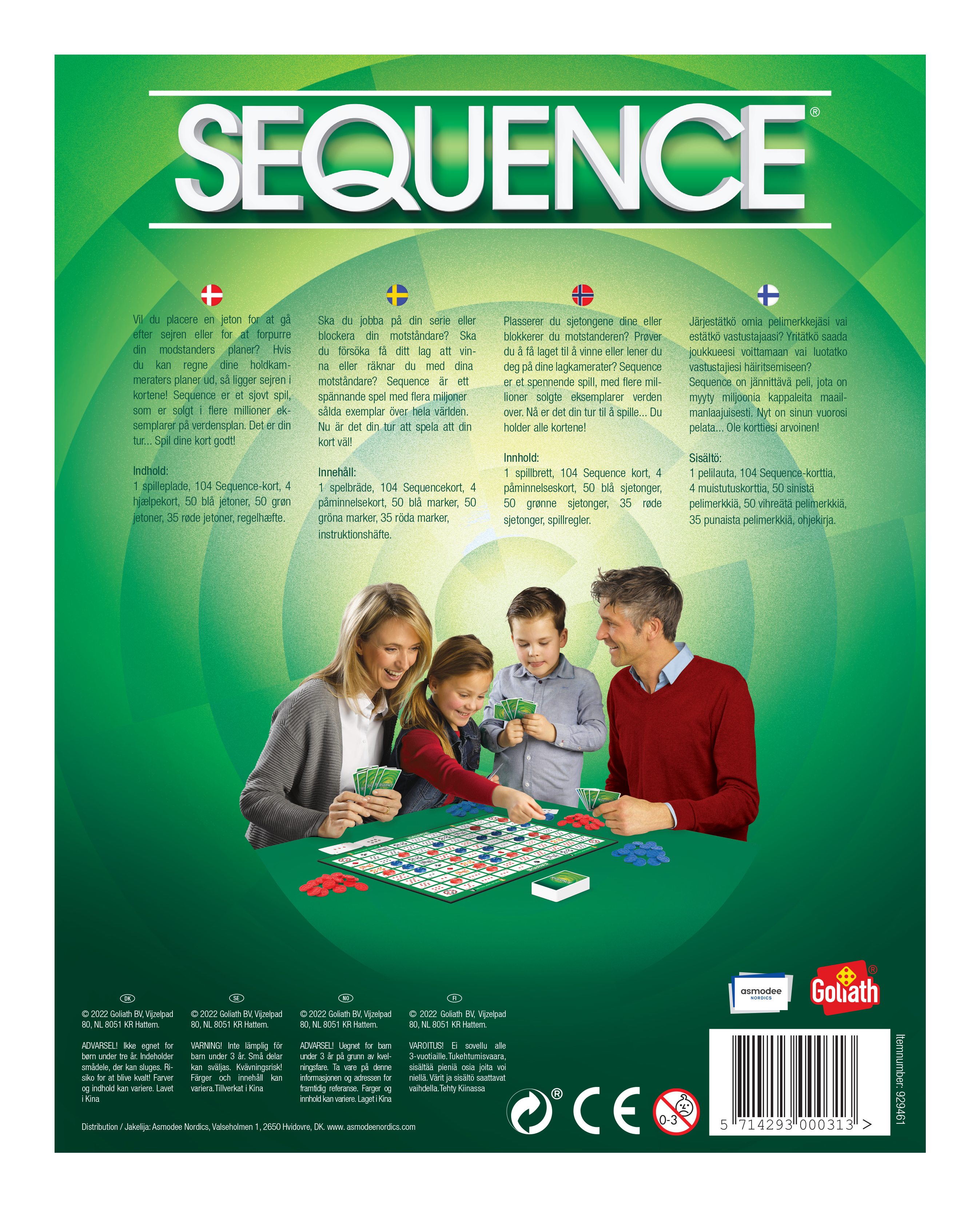 Famiglia gioca al gioco da tavolo Sequence. Pedine verdi e rosse sul tavolo.