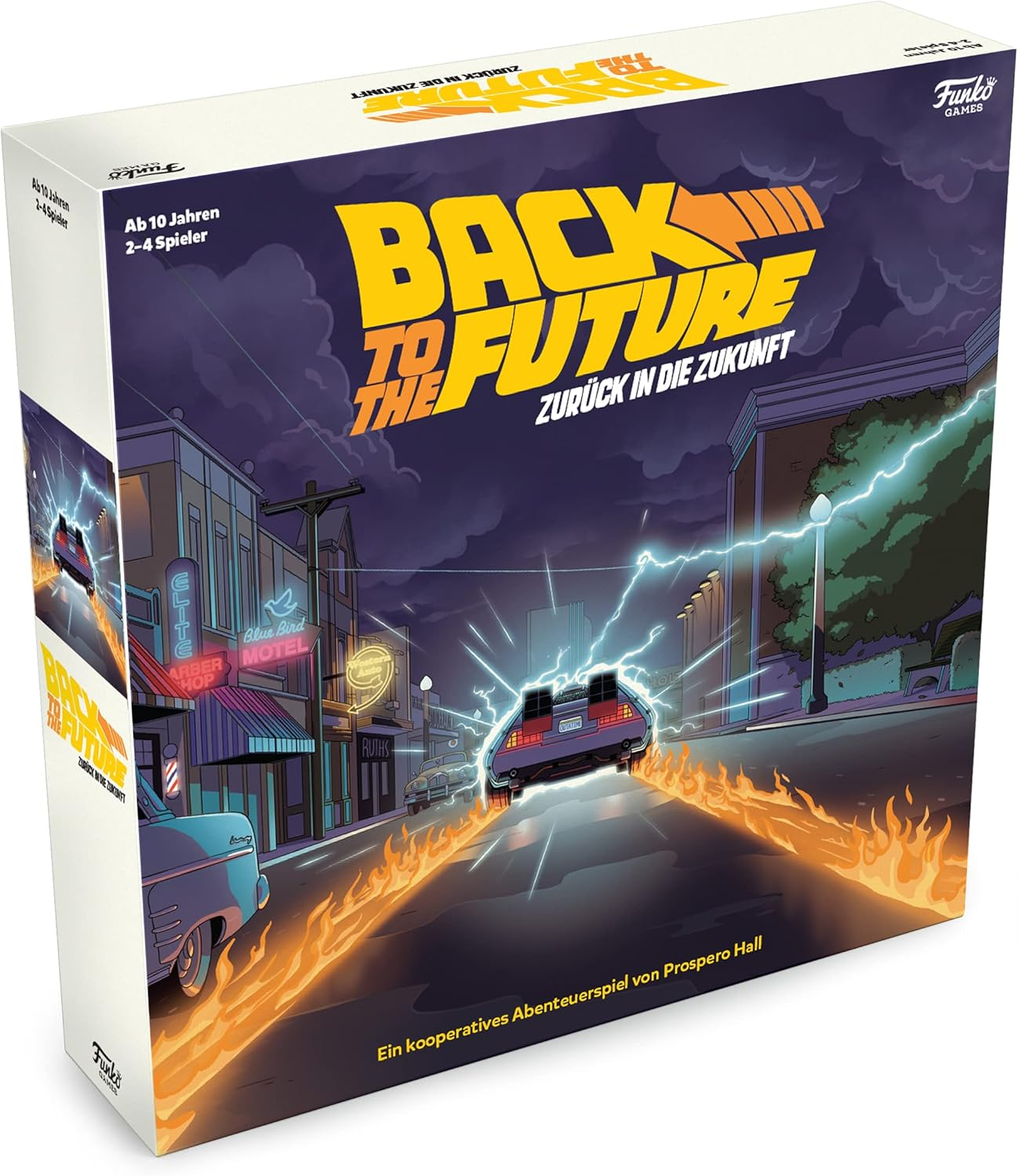 Ein Brettspiel-Cover mit dem DeLorean, der Flammen und Blitzen erzeugt.