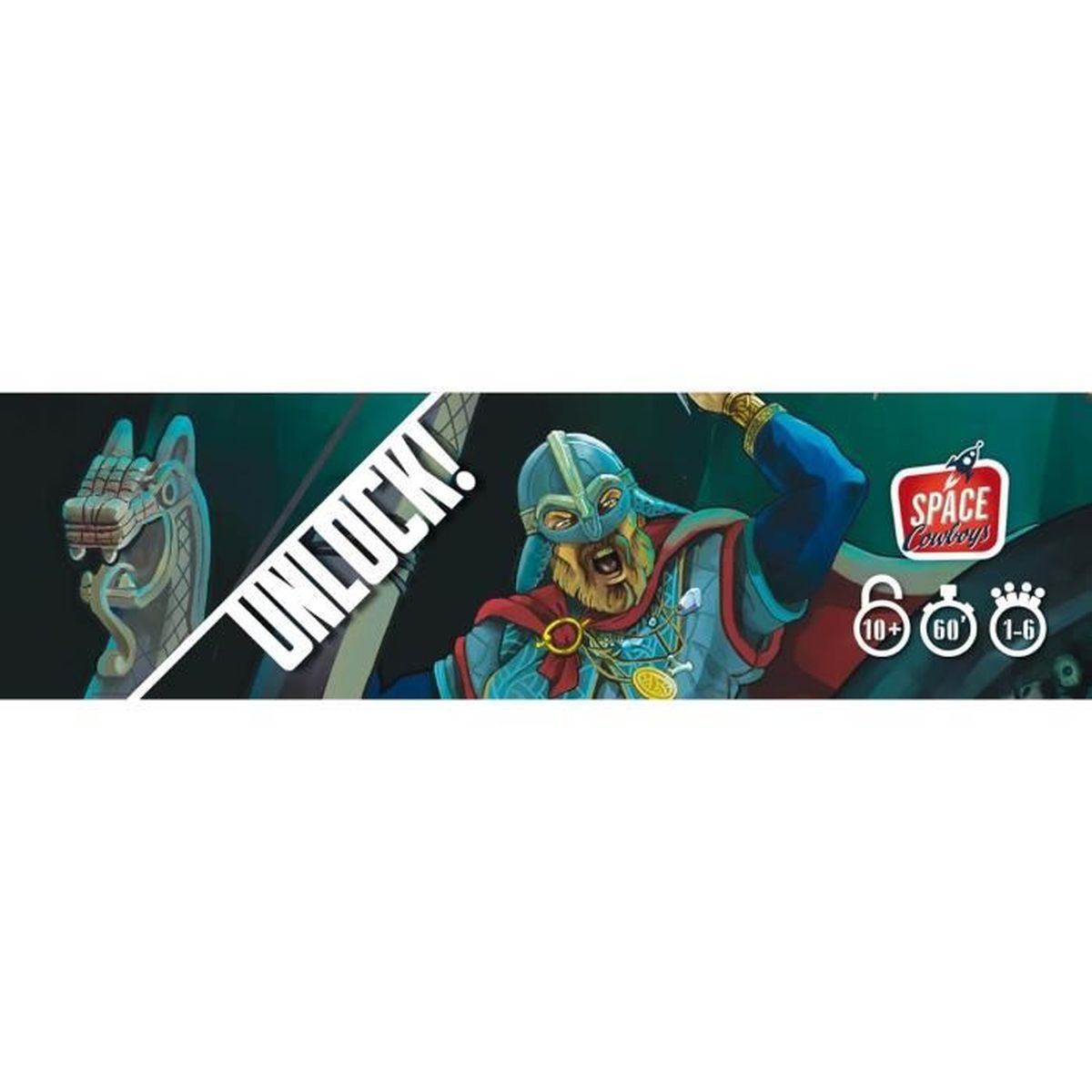 Wikinger-Krieger mit Helm und Schild, 'UNLOCK!' Schriftzug, Space Cowboys Logo.