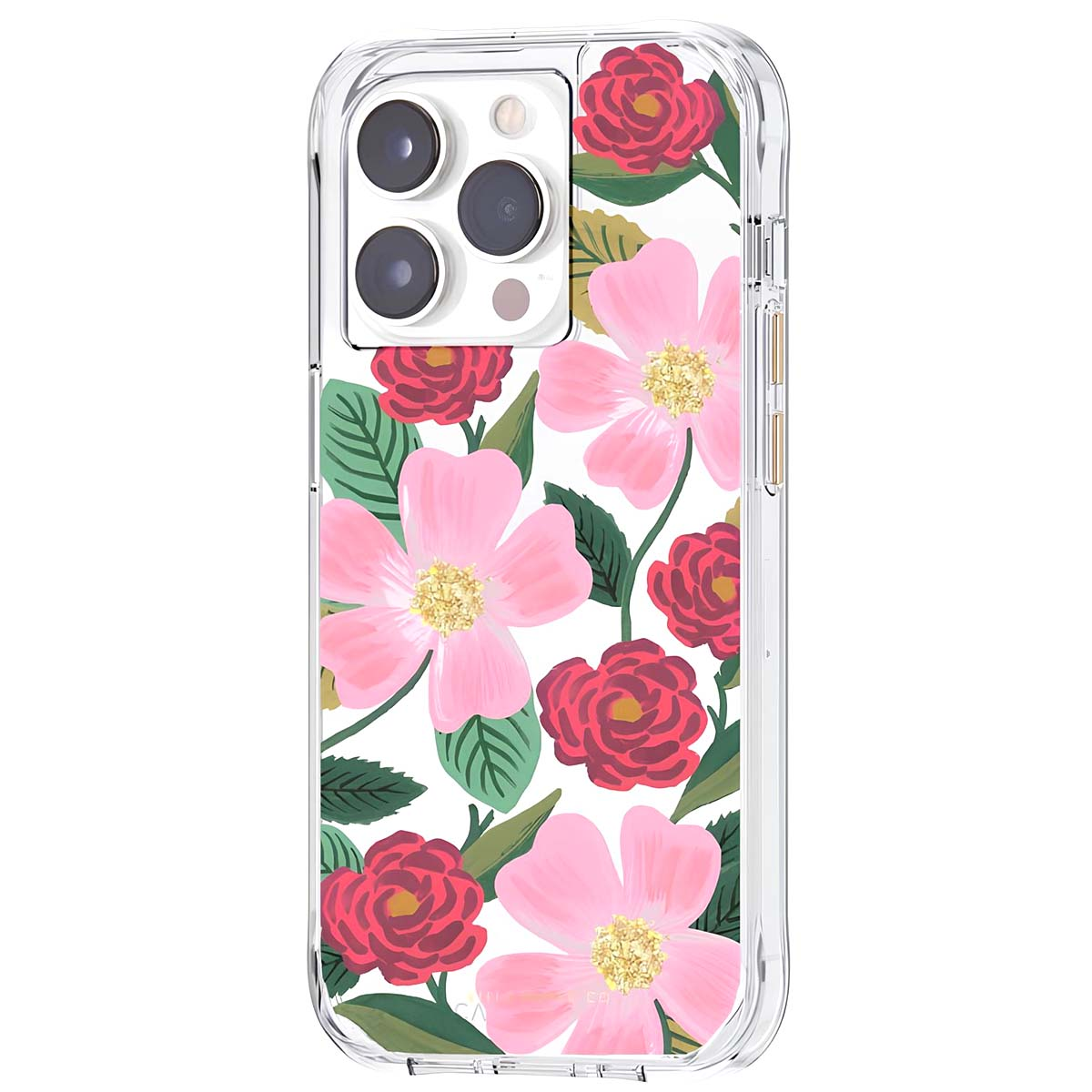 Una custodia trasparente per telefono con un motivo floreale di rose rosa e rosse e foglie verdi.