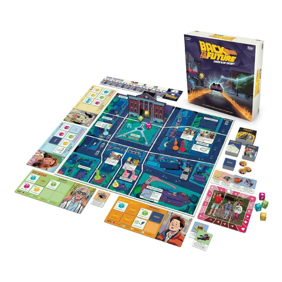 Back to the Future Brettspiel-Aufbau mit Spielbrett, Karten, Würfeln und Box.