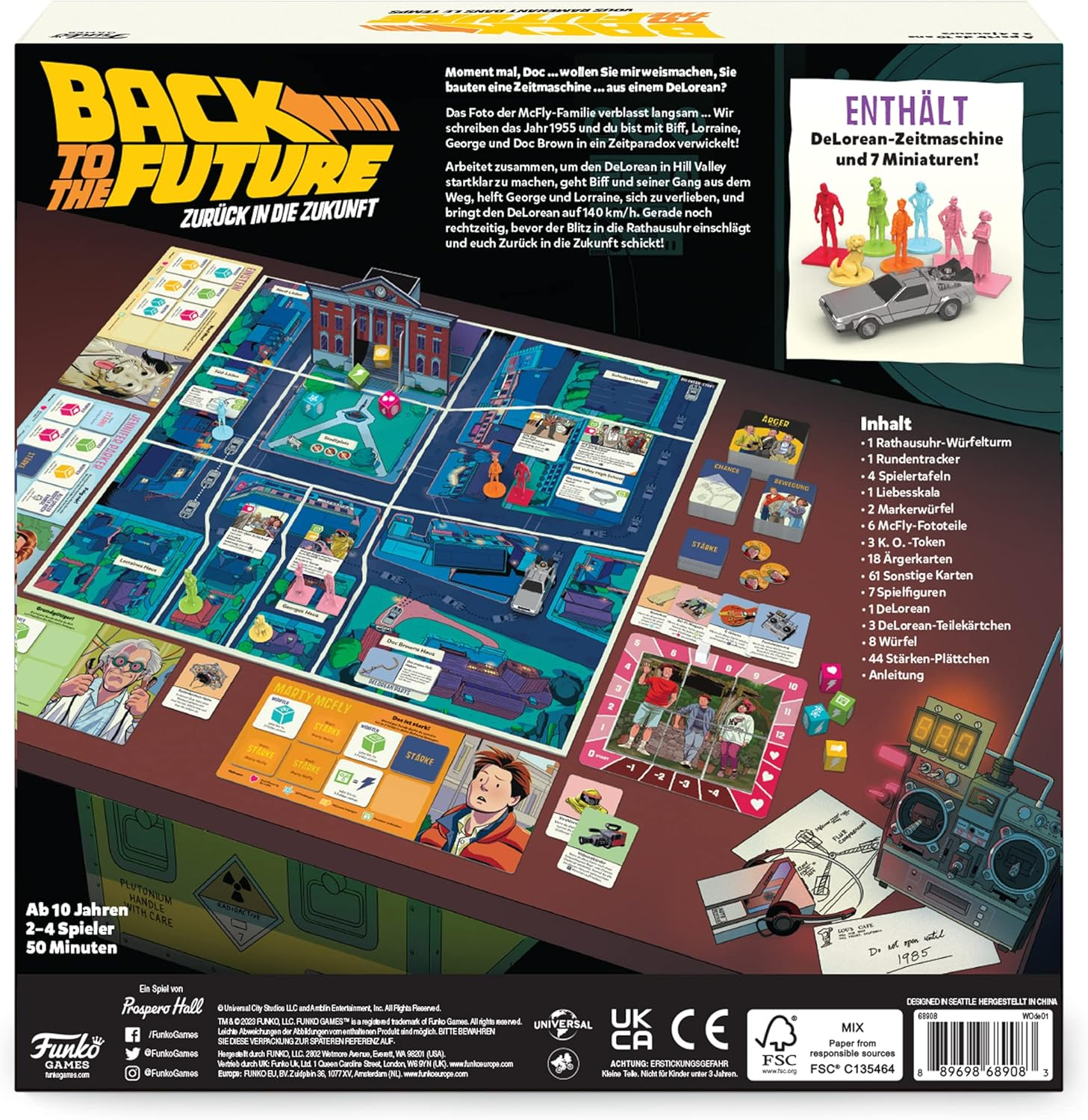 Back to the Future Brettspielrückseite mit Figuren, DeLorean, Spielbrett und Inhalt.