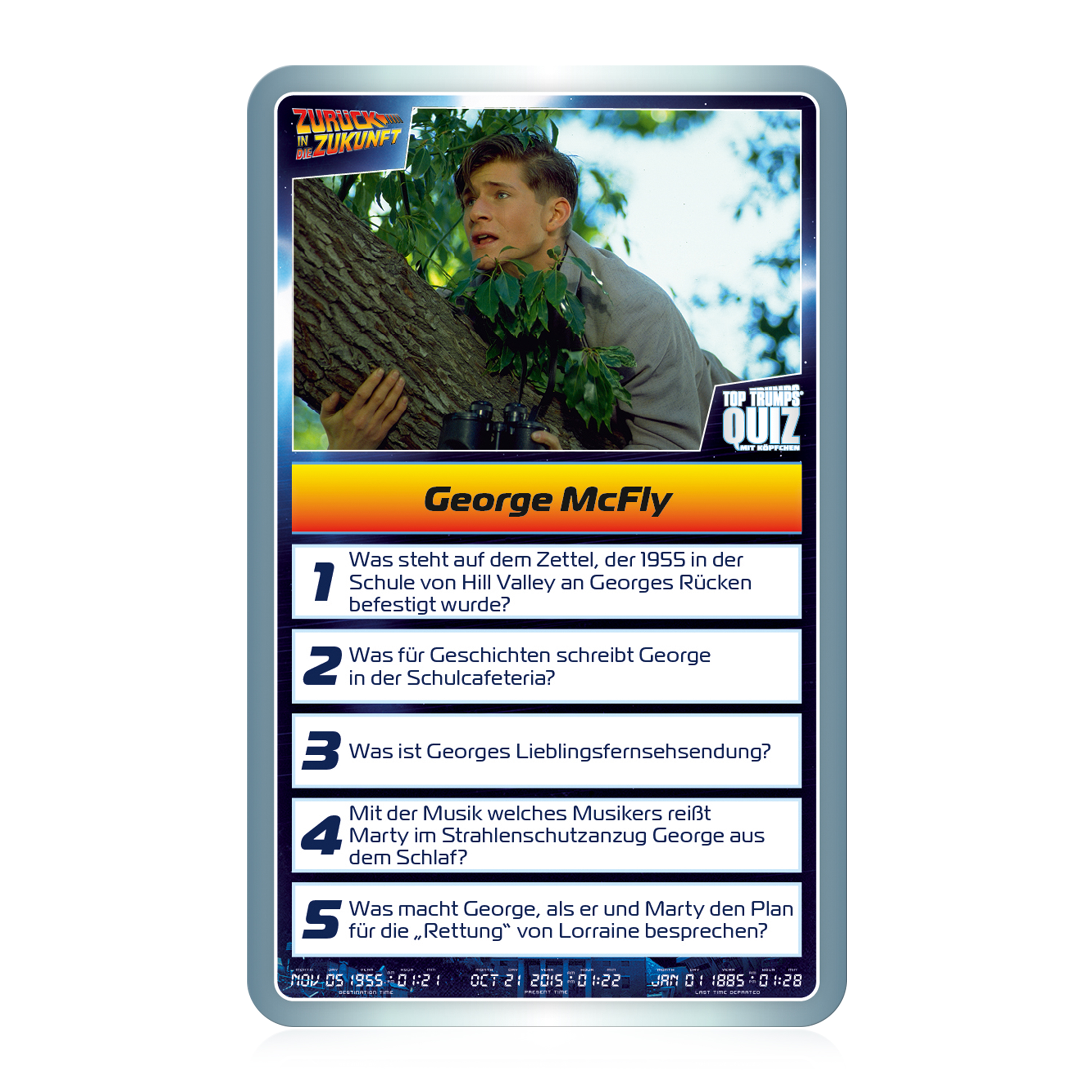 George McFly späht durch Bäume und hält ein Fernglas. Zurück in die Zukunft Quizkarte.