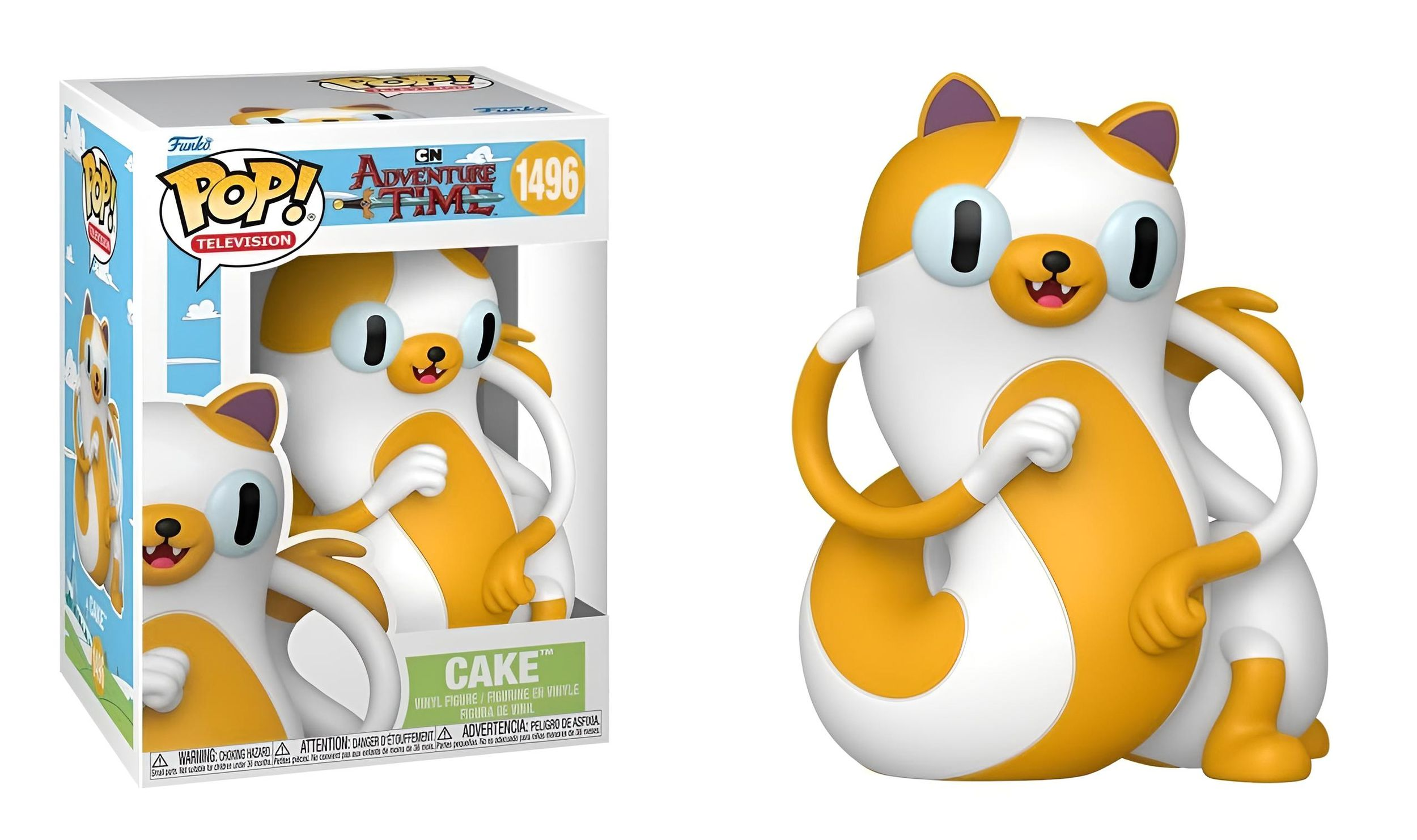 Weiße und orangefarbene katzenähnliche Funko Pop! Vinylfigur von Cake aus Adventure Time.