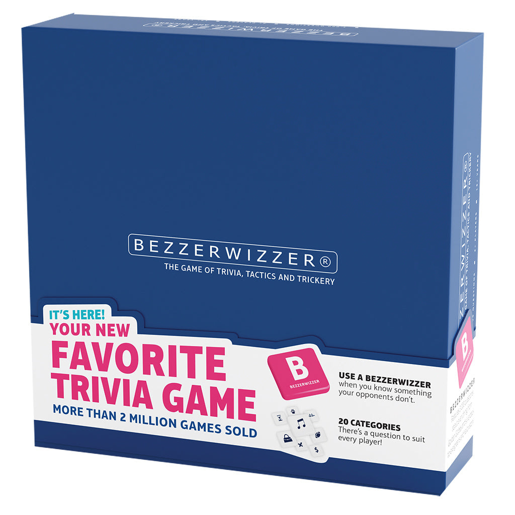Blaue Schachtel des Bezzerwizzer-Quizspiels mit kräftigem pinkfarbenem Text: Favorite Trivia Game.