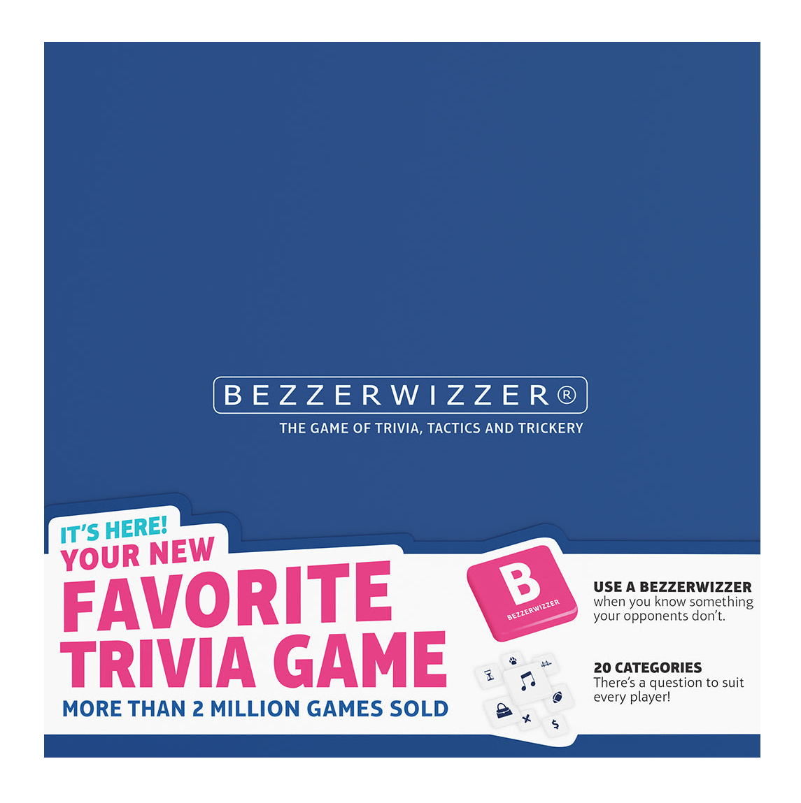 Bezzerwuzzer-Quizspielanzeige mit pinkem Text: Favorite Trivia Game, über 2 Mio. verkauft.