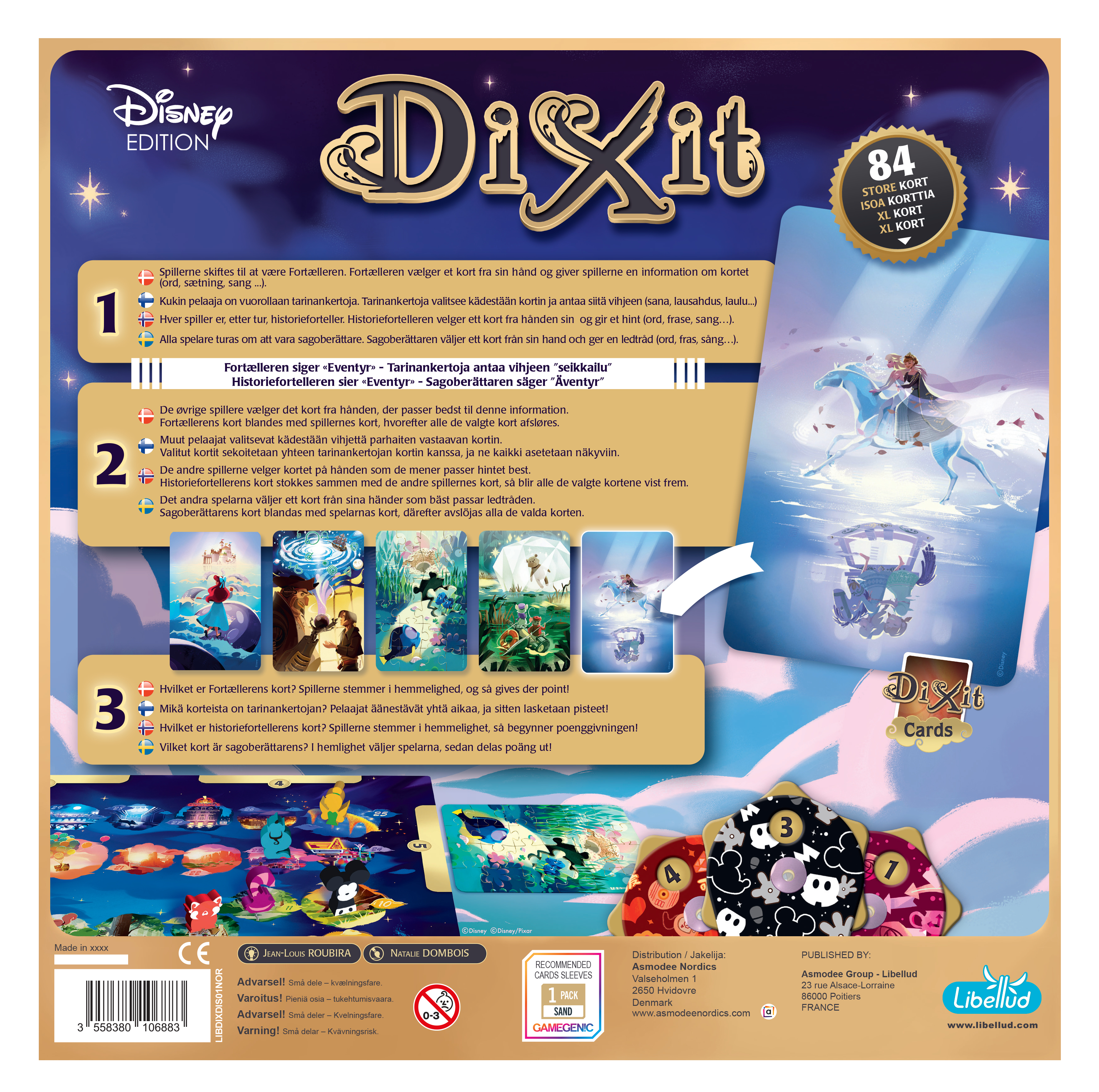Disney Dixit Kartenspiel mit Disney-Figuren und 84 Karten.