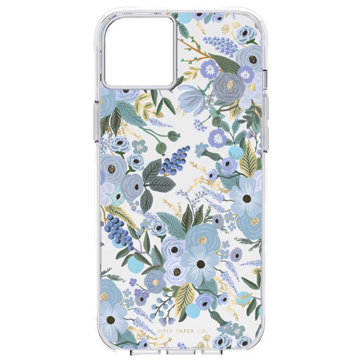 Una custodia trasparente per telefono con motivo floreale blu.